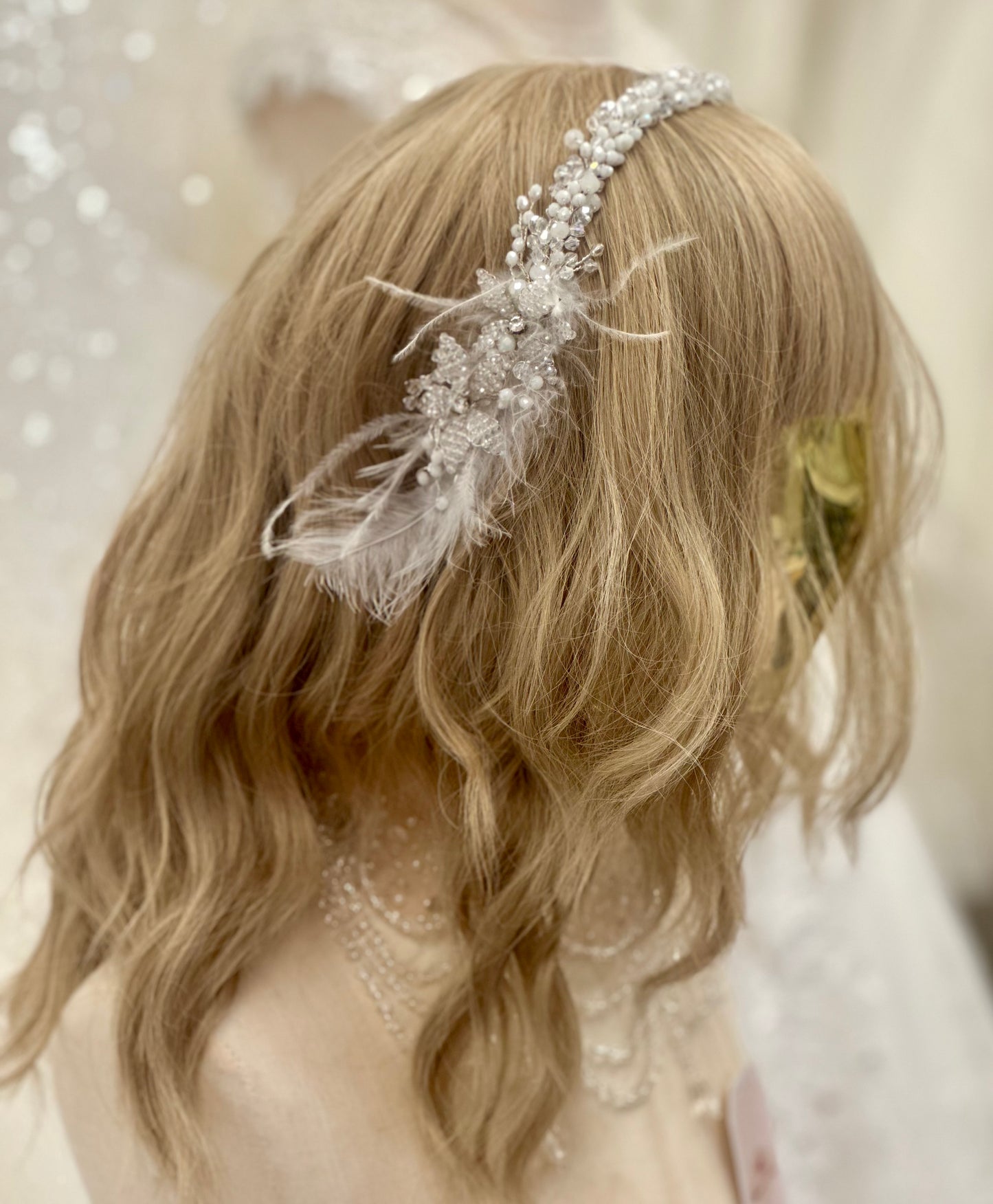 St Crystal Floral Headpiece w/Feathers