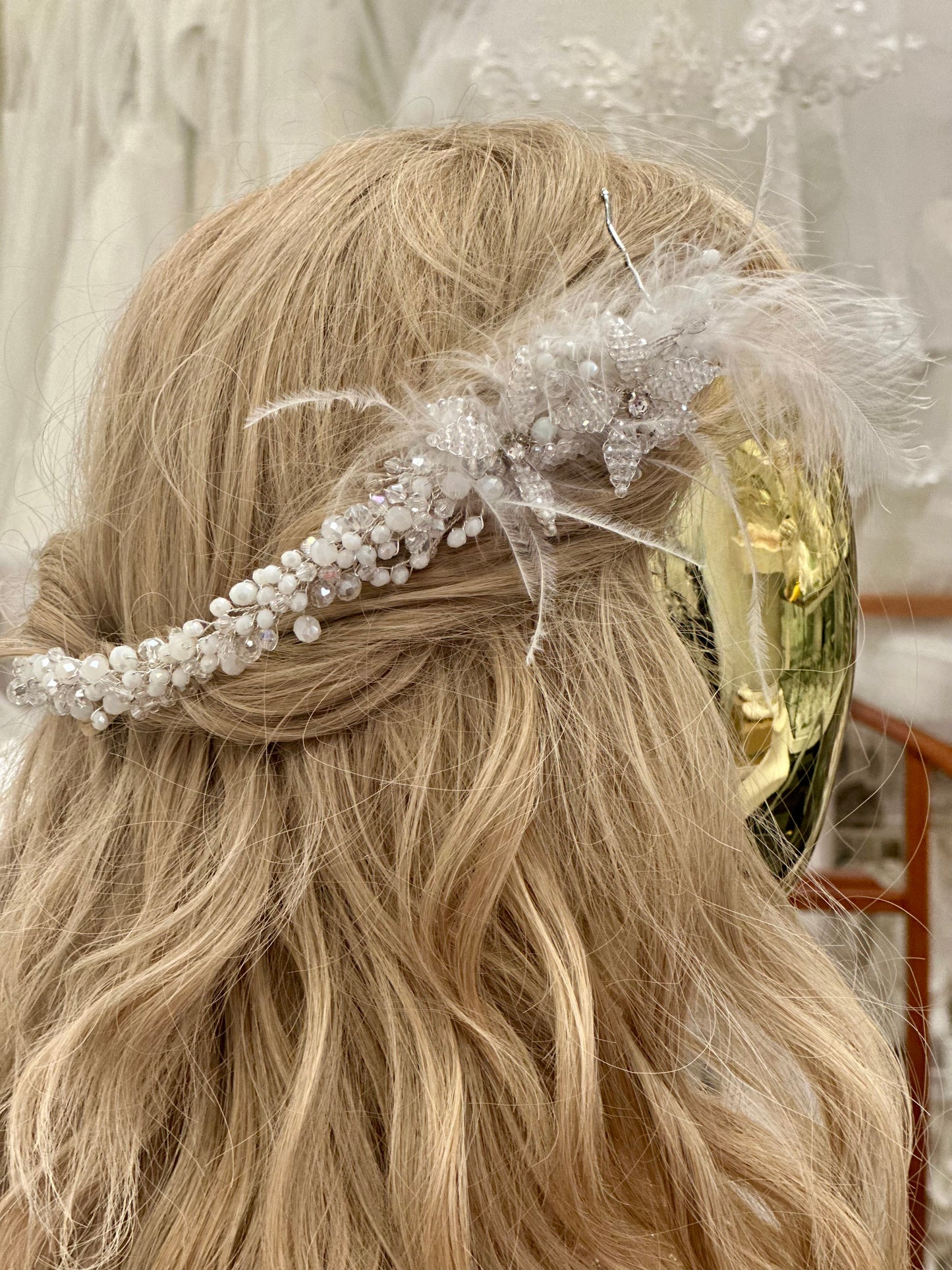 St Crystal Floral Headpiece w/Feathers