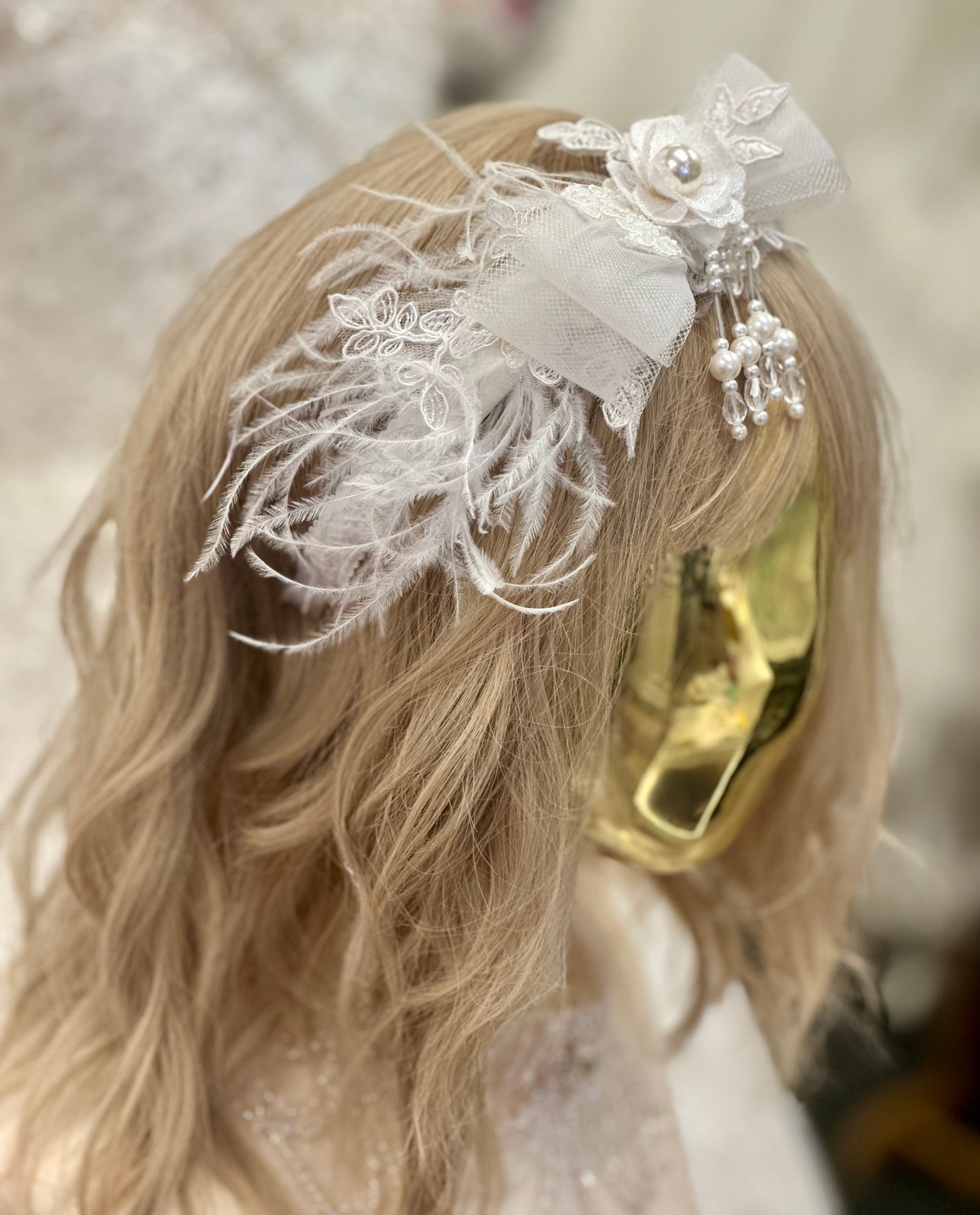 Satin Headband w/Sheer Bow/Beads/Feathers