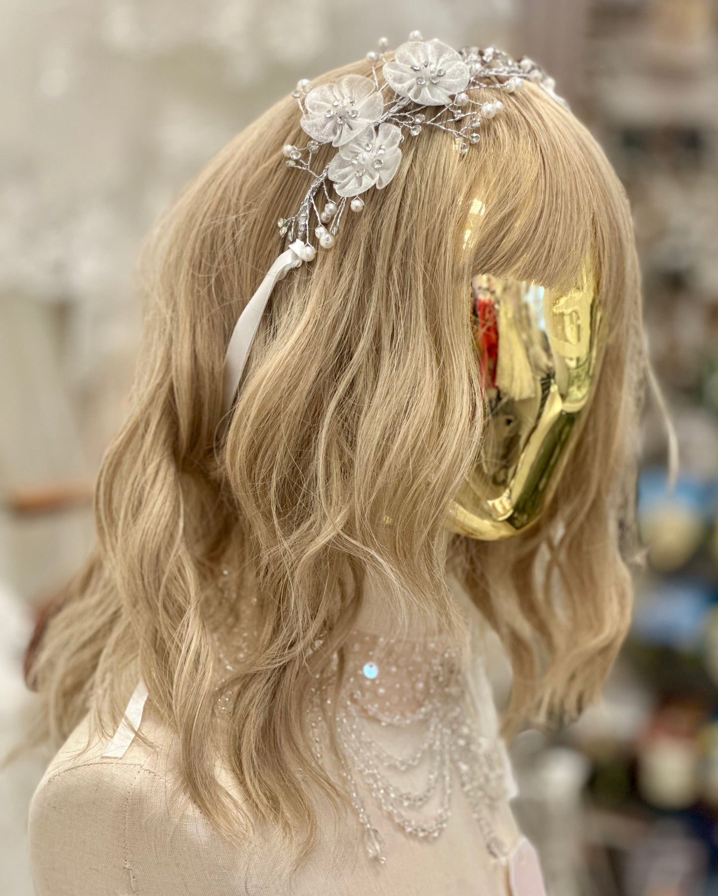 Hairpiece with Organza Flowers with Rhinestones