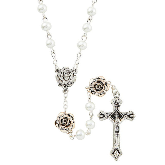 White Pearl Rosary 6mm w/Rose Gold Roses