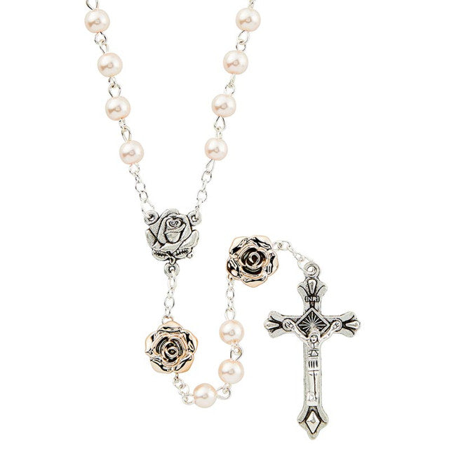 Pink Pearl Rosary 6mm w/Rose Gold Roses