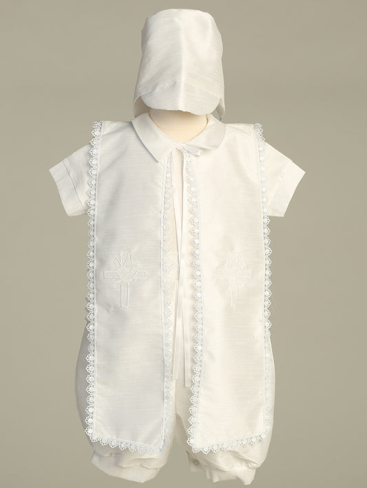 Poly silk shantung romper with embroidered shawl and hat