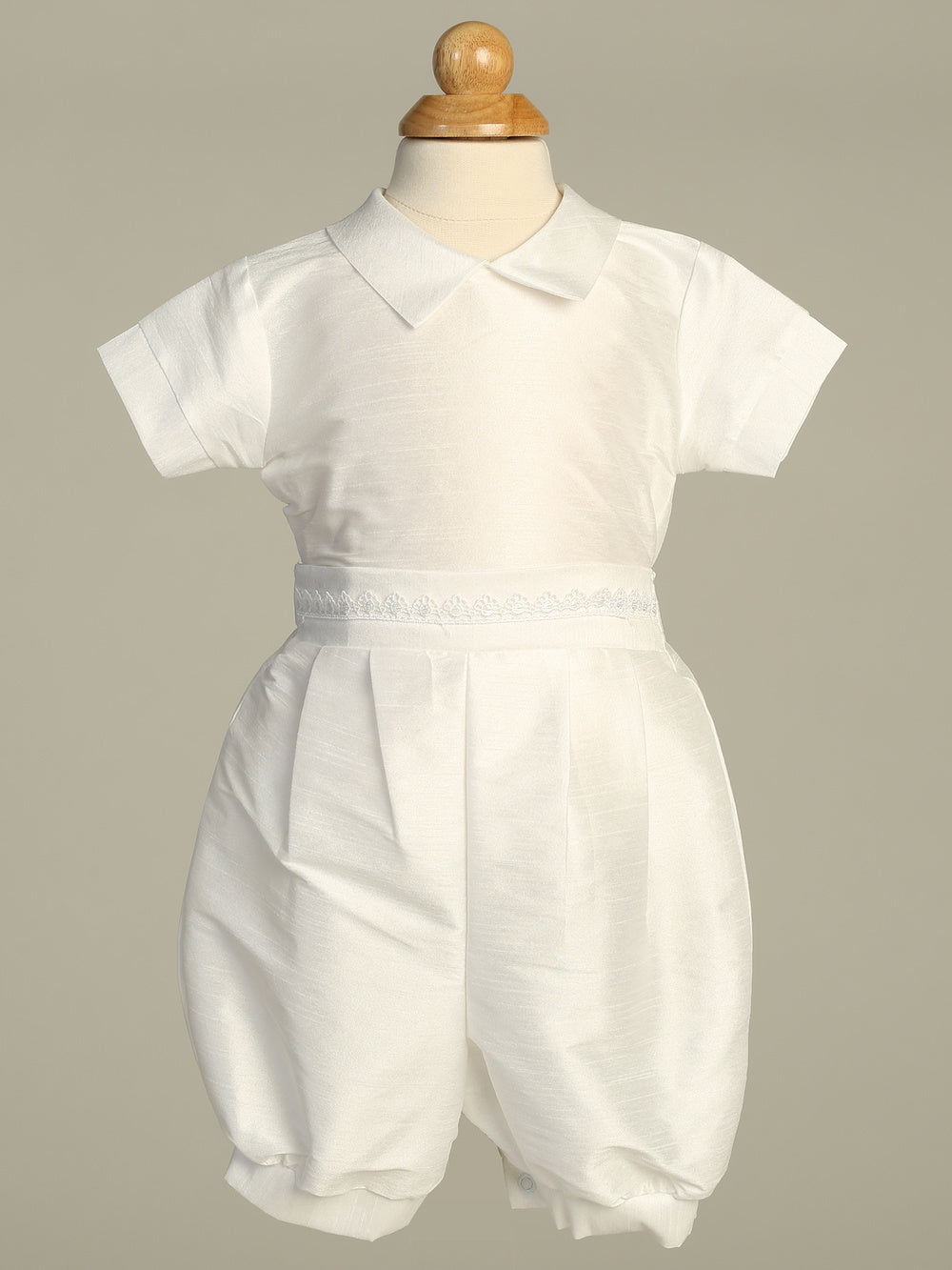 Poly silk shantung romper with embroidered shawl and hat