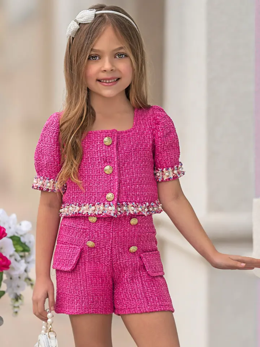 Puff Sleeve Tweed Top & Shorts Set