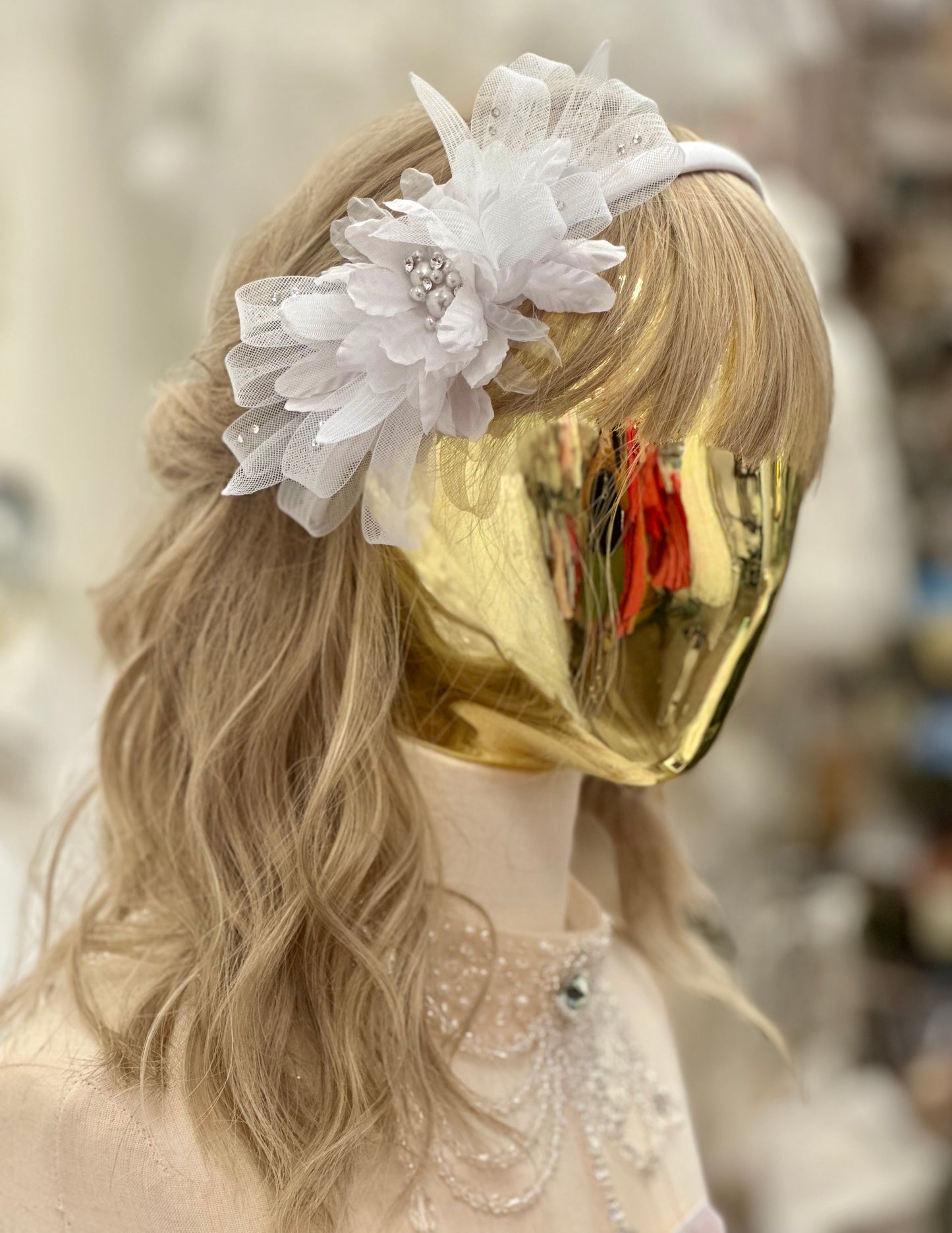 Satin flower with pearls & rhinestones Headband