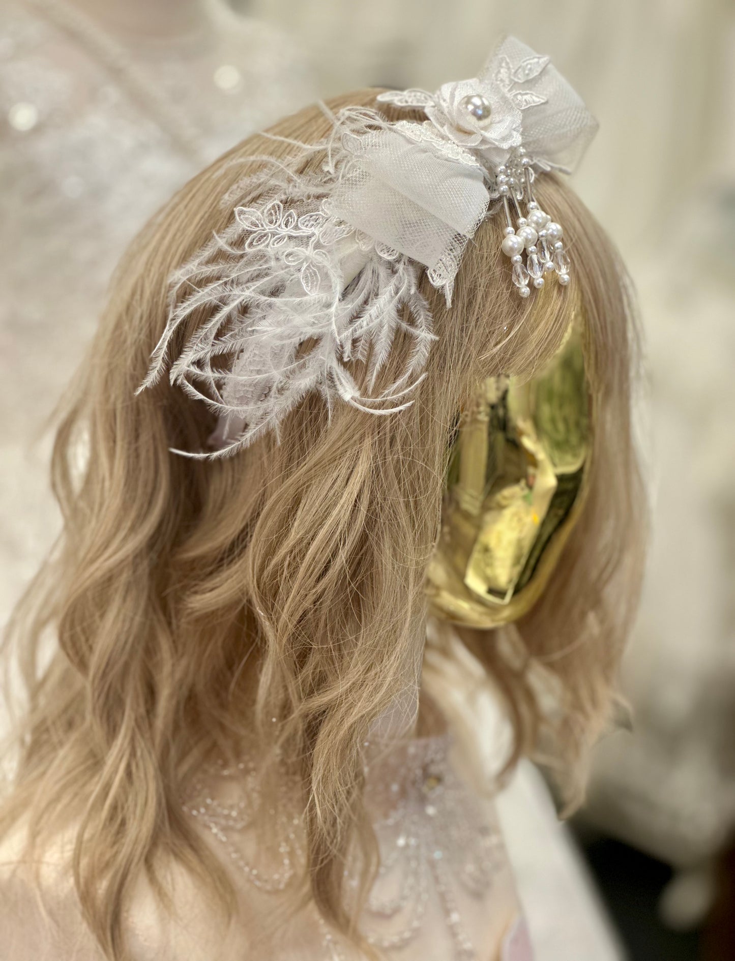 Satin Headband w/Sheer Bow/Beads/Feathers
