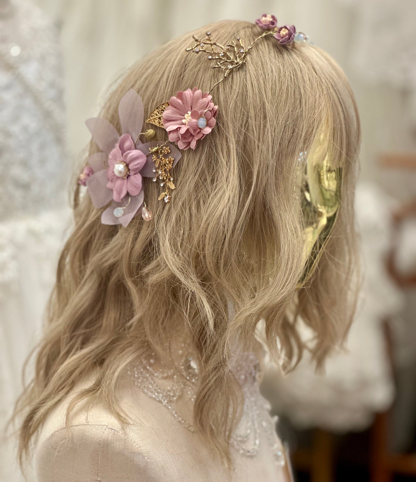 Vintage Pink Flowers/Gold Leaves Headpiece