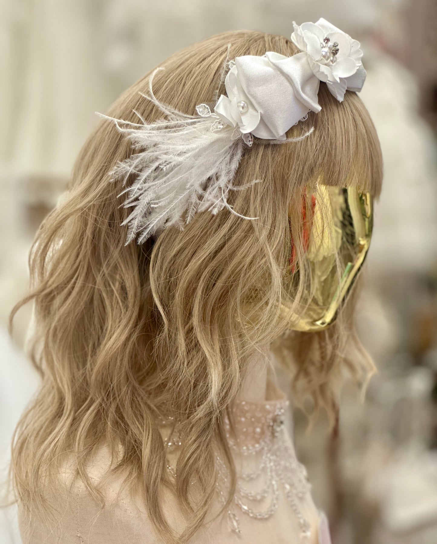 Satin Headband w/Bow/Feathers/Applique