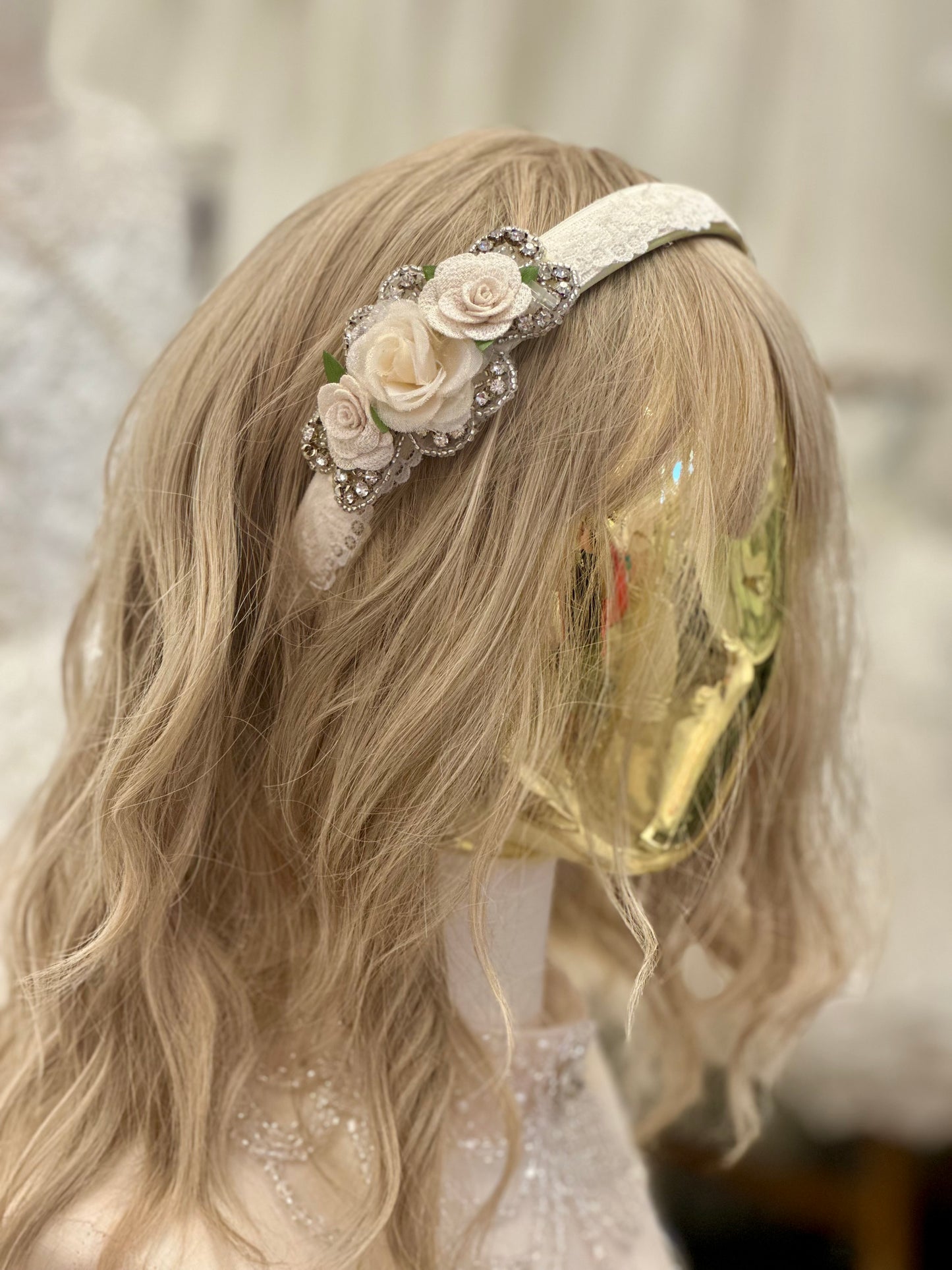 Ivory Headband w/Flowers/Rhinestone Applique