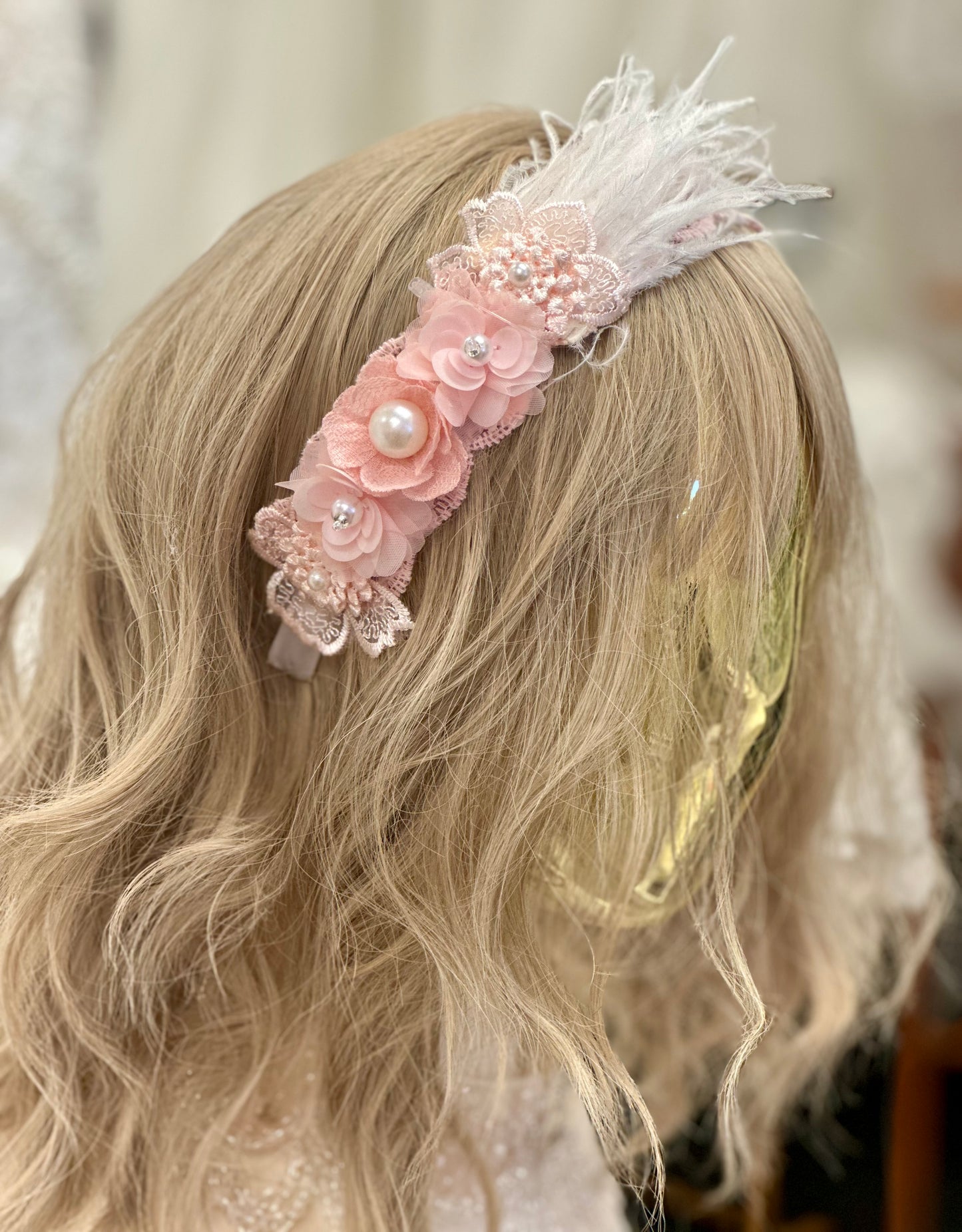 Satin Headband w/Flowers/Feathers