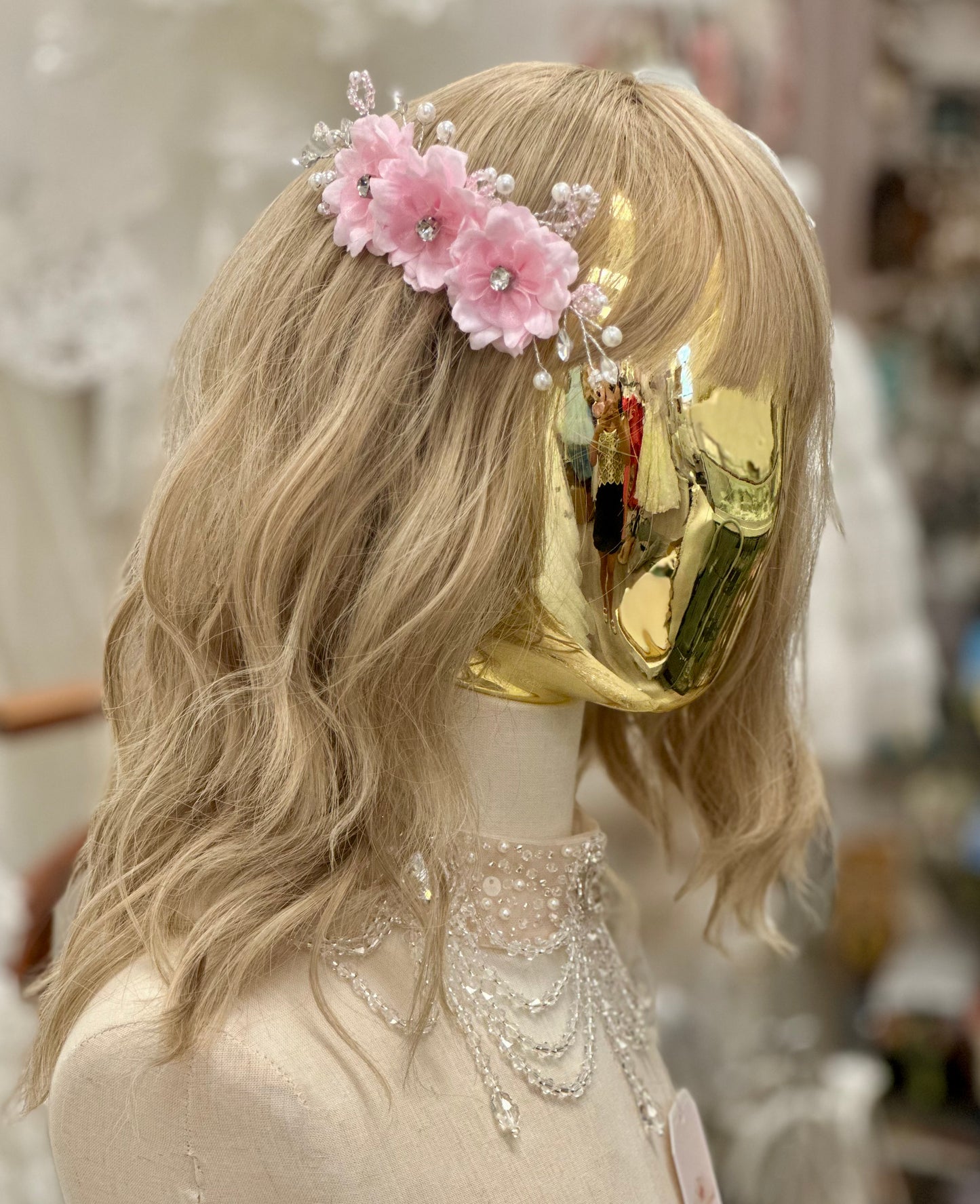 Three Flower Hair Comb with Beading and Rhinestones