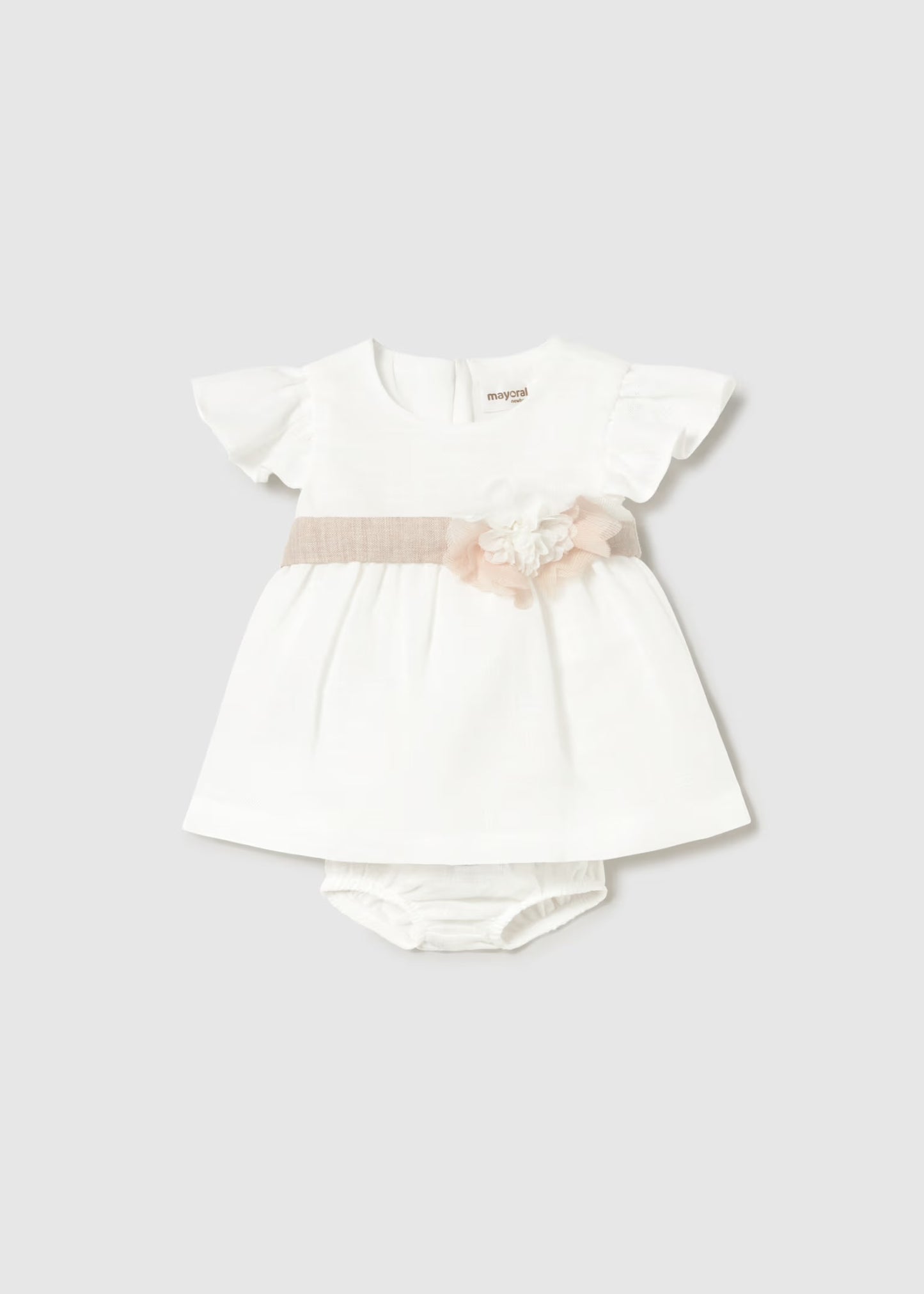 Mayoral Newborn Girl Dress with Floral Sash and Bloomers