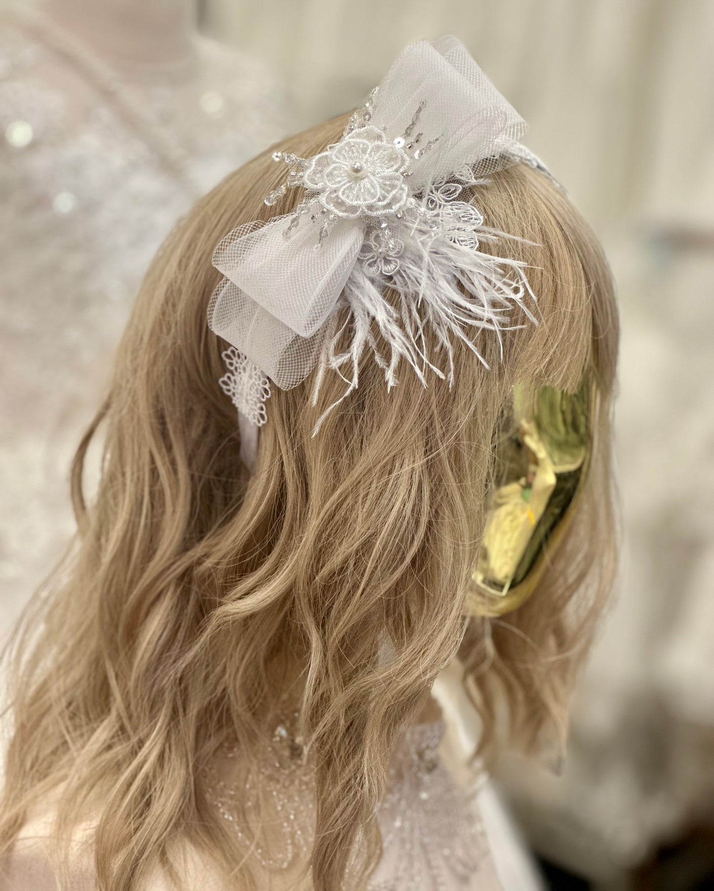 Satin Headband w/Sheer Bow/Beads/Applique