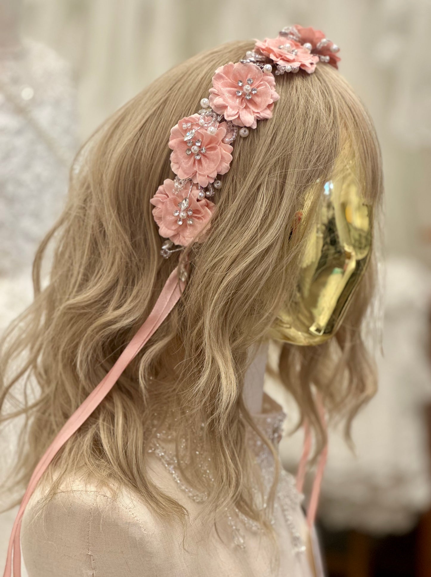 Silk Flower Headband with Rhinestones and Pearls