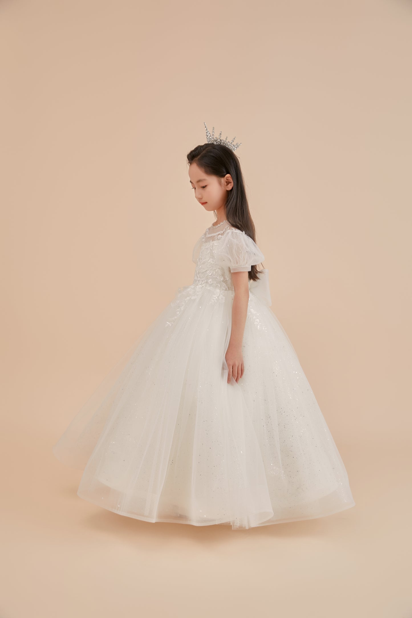 Girls Gown w/Puff Sleeves, Lace Applique