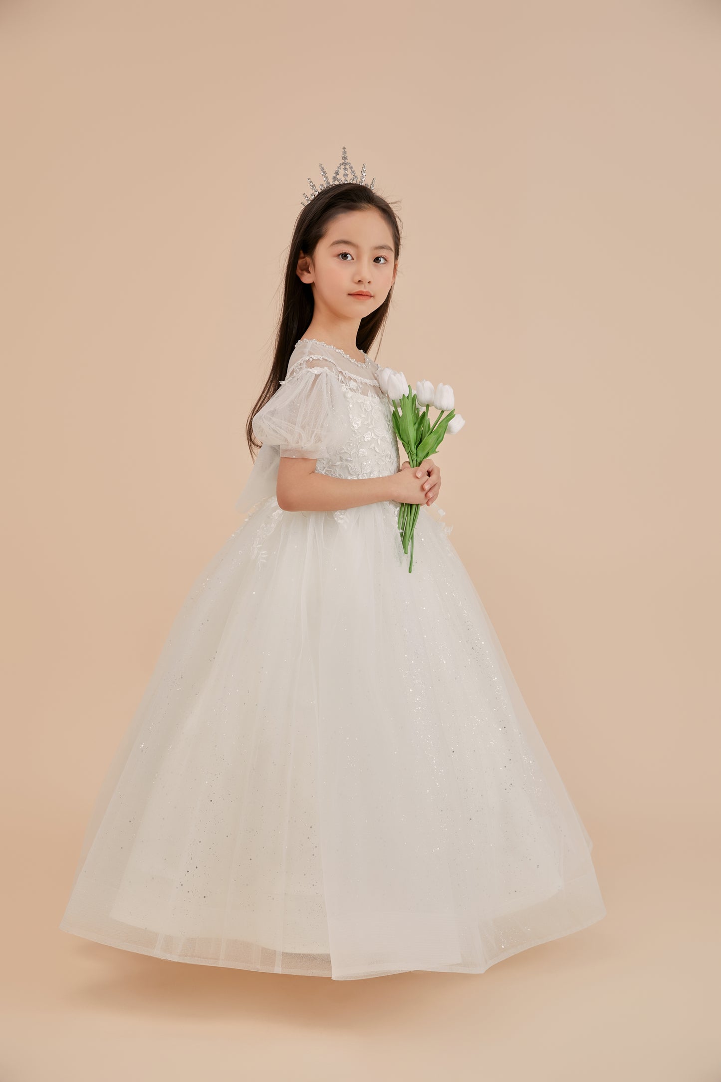 Girls Gown w/Puff Sleeves, Lace Applique