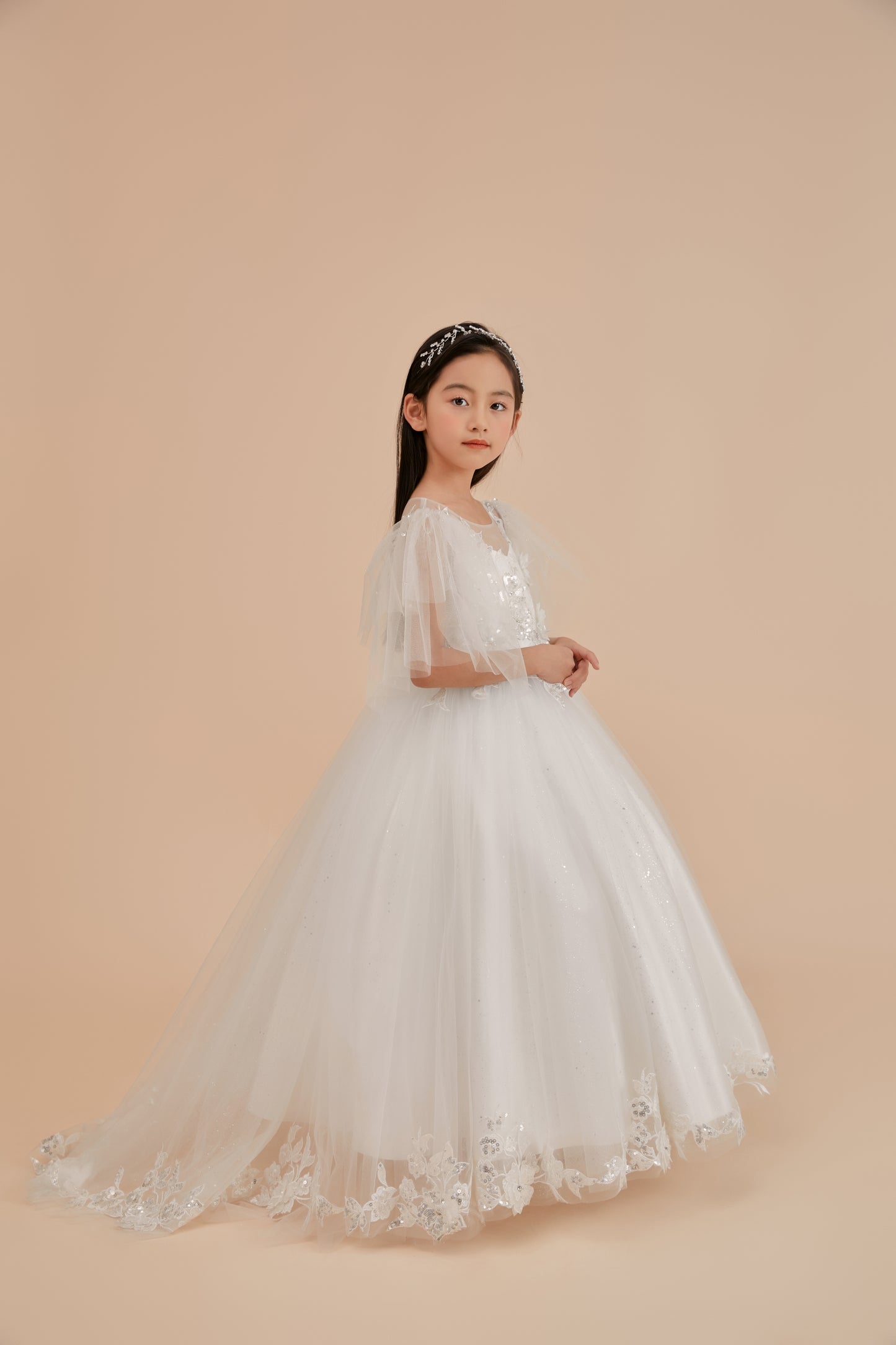 Girls Gown with Flutter Sleeves, Applique