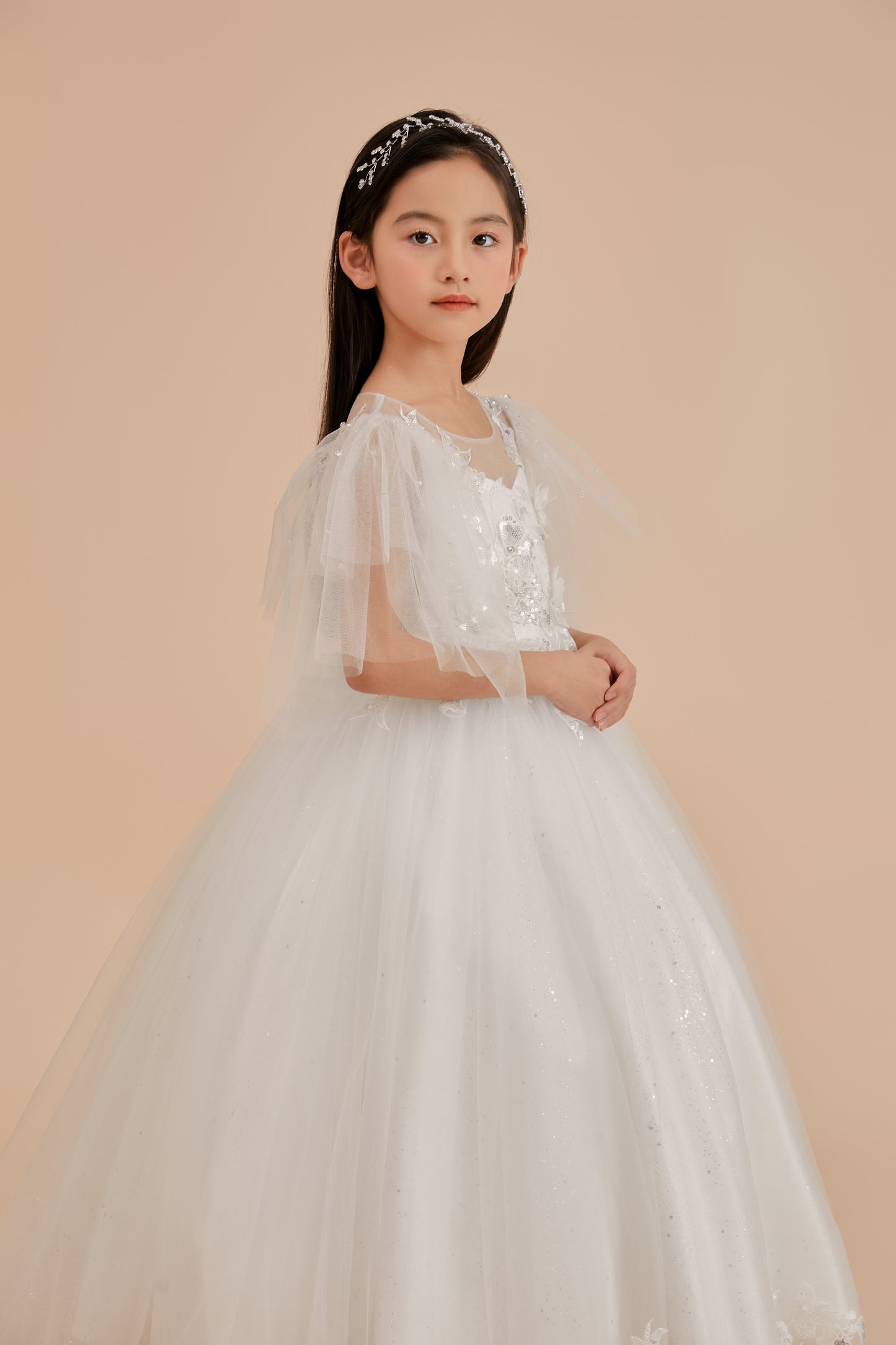 Girls Gown with Flutter Sleeves, Applique