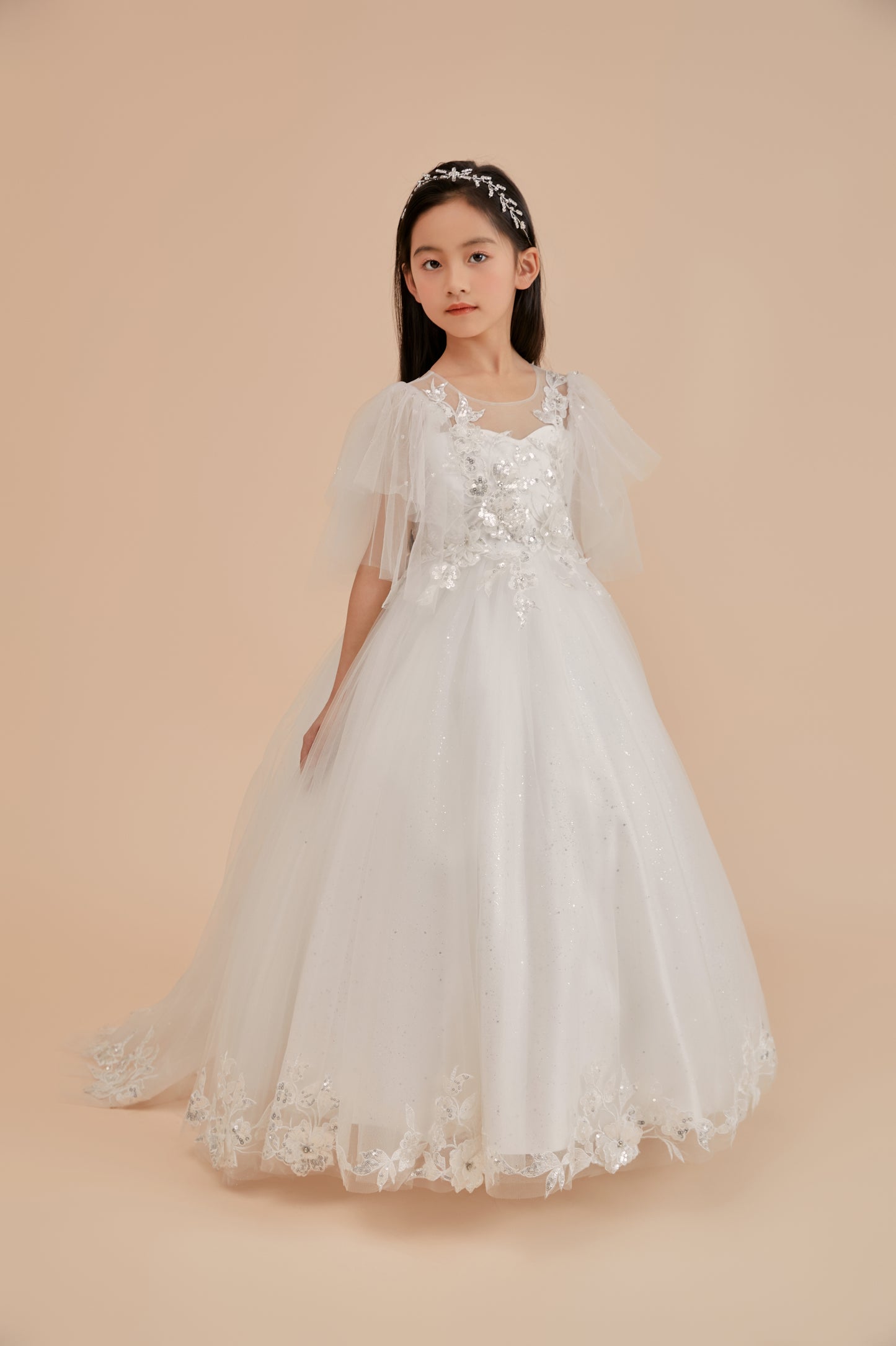 Girls Gown with Flutter Sleeves, Applique