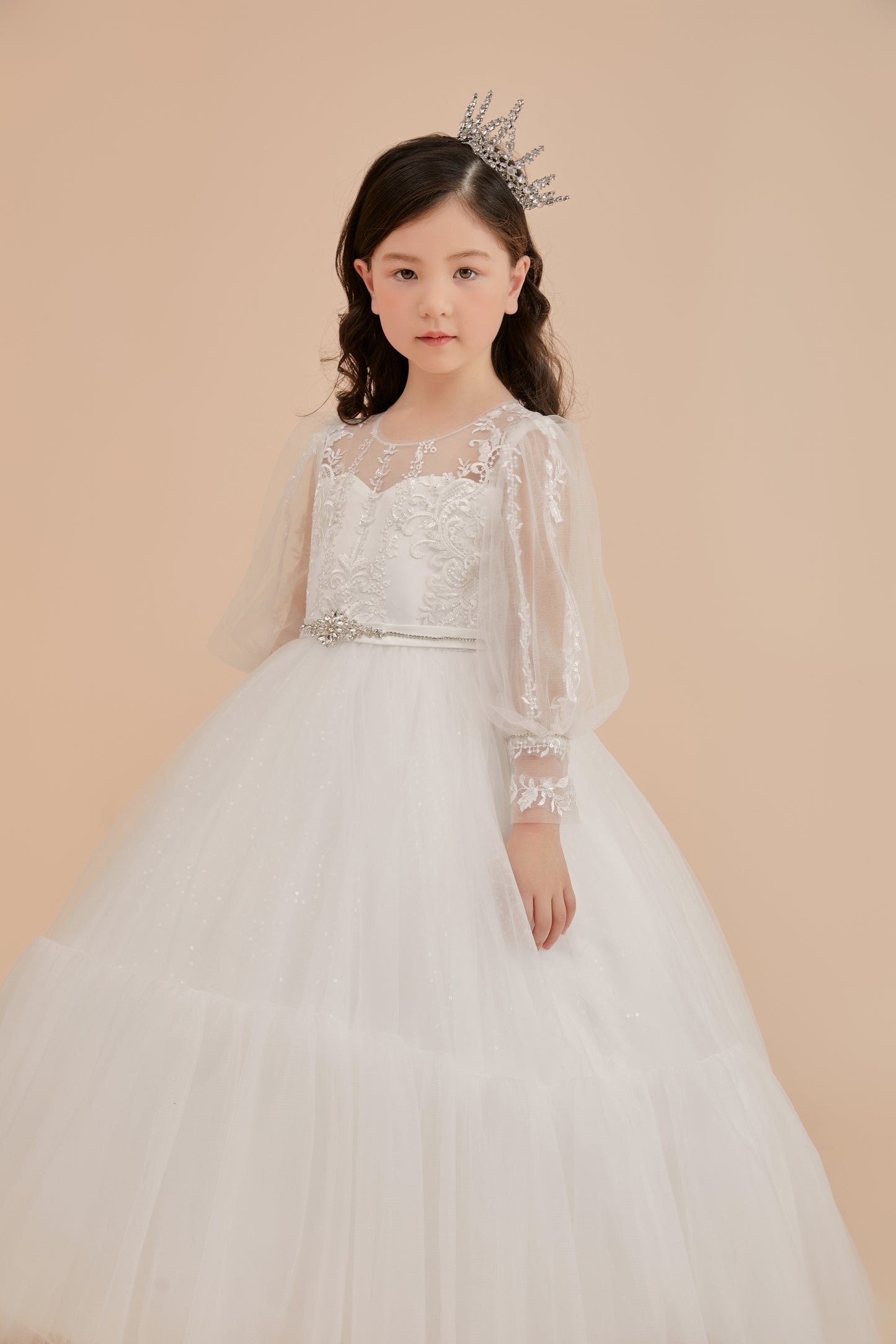 Girls Gown with Long Sleeves, Illusion Neckline