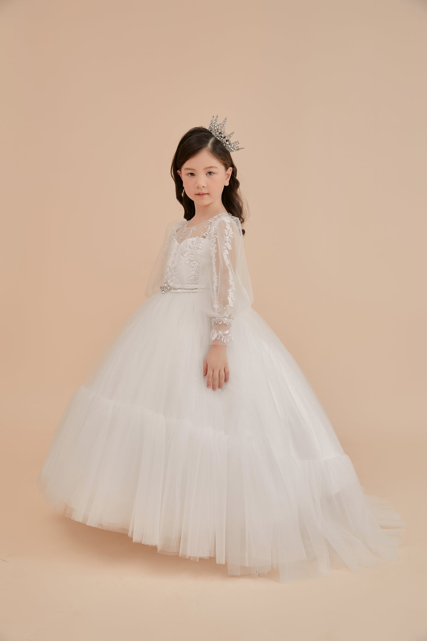 Girls Gown with Long Sleeves, Illusion Neckline