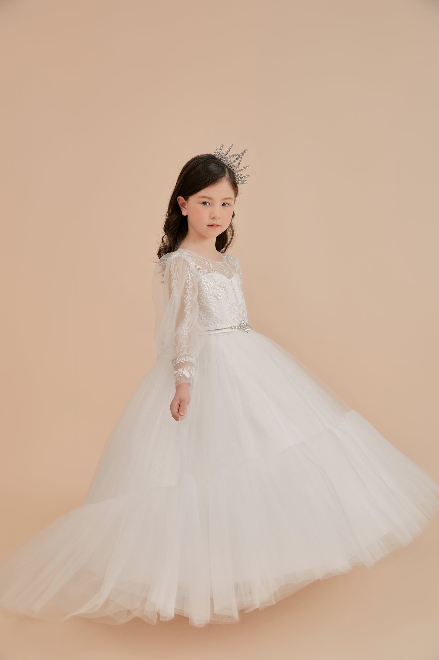 Girls Gown with Long Sleeves, Illusion Neckline