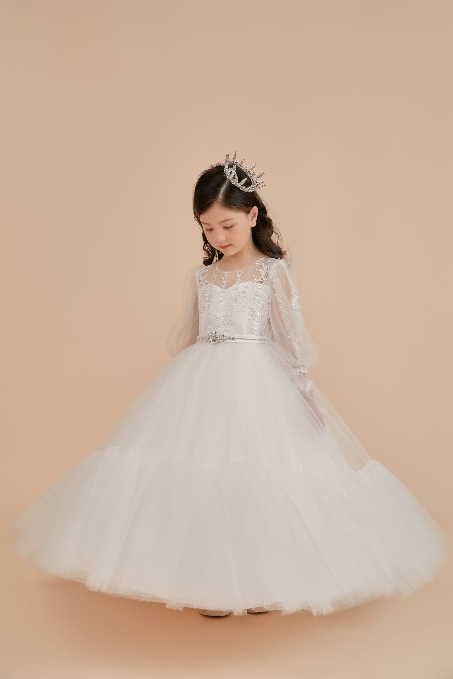 Girls Gown with Long Sleeves, Illusion Neckline