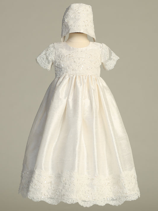 Raw Silk Gown with Beaded Embroidered Tulle on Waist