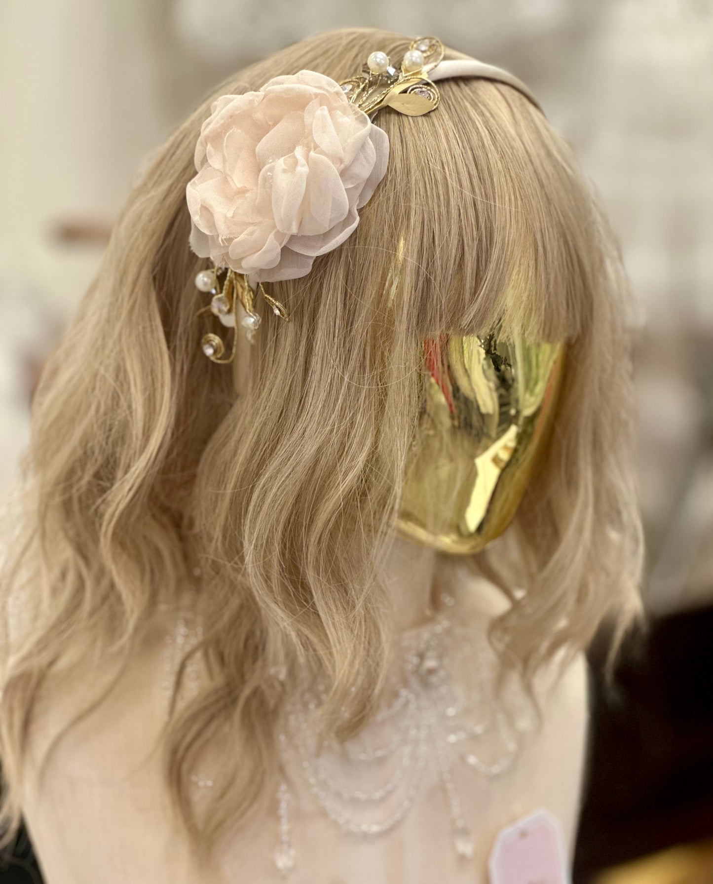 Champagne Satin Headband w/Flower/Gold Accents