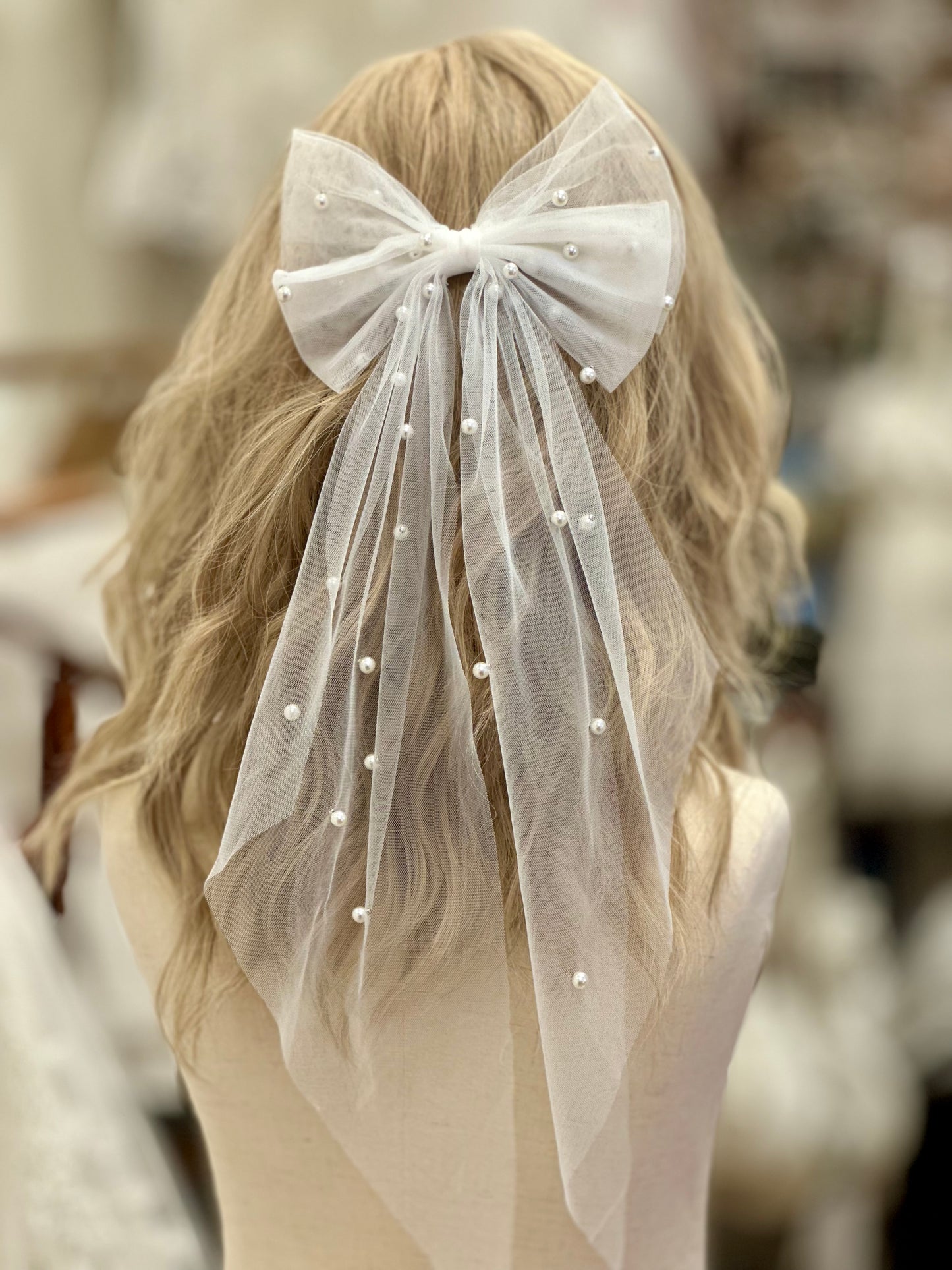 Sheer Hair Bow w/Pearls Clip
