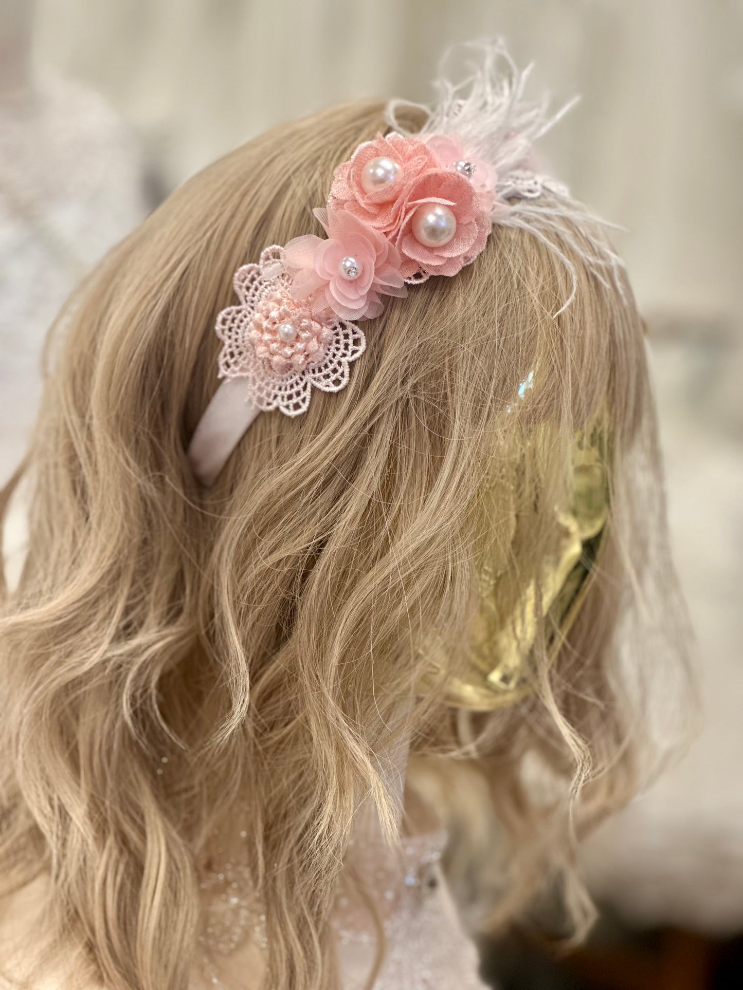 Satin Headband w/Flowers/Feathers