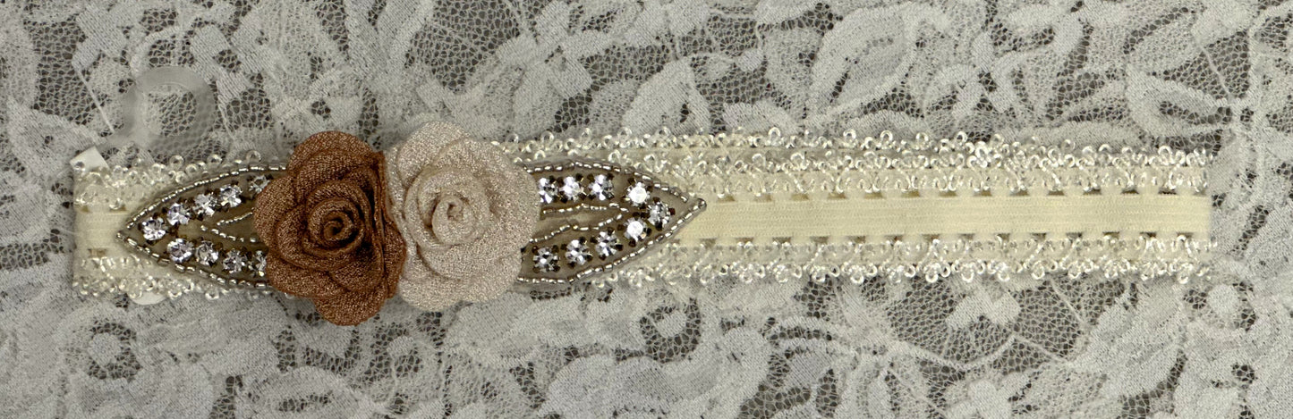 Ivory Lace Headband with Flowers, Applique