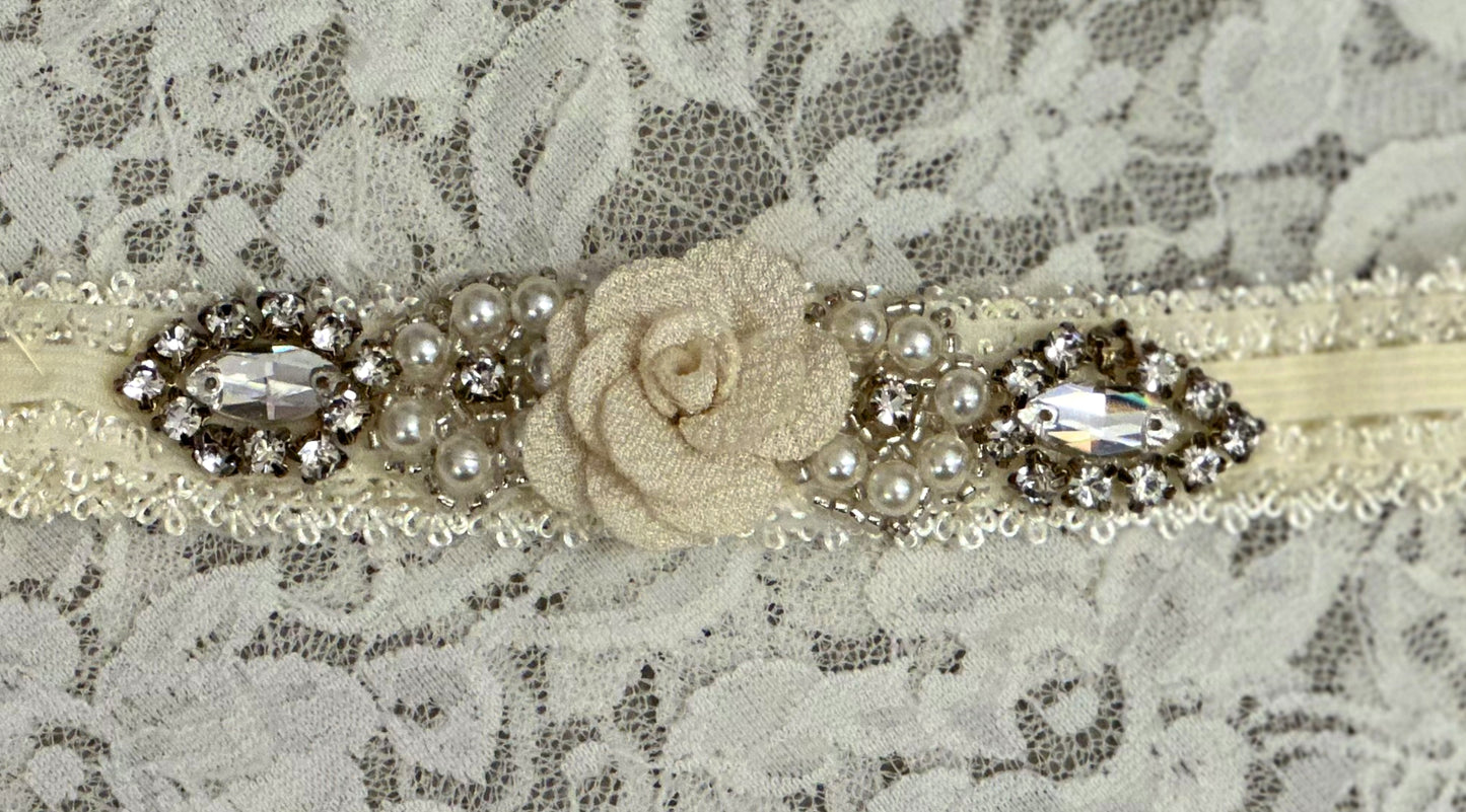 Ivory Lace Headband with Flowers, Rhinestones