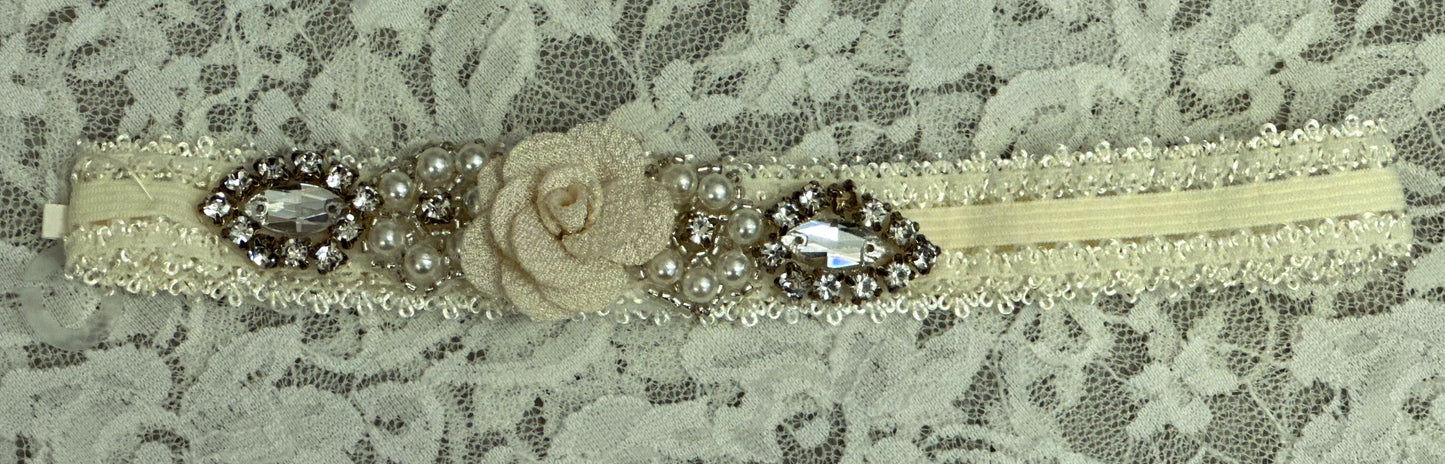 Ivory Lace Headband with Flowers, Rhinestones