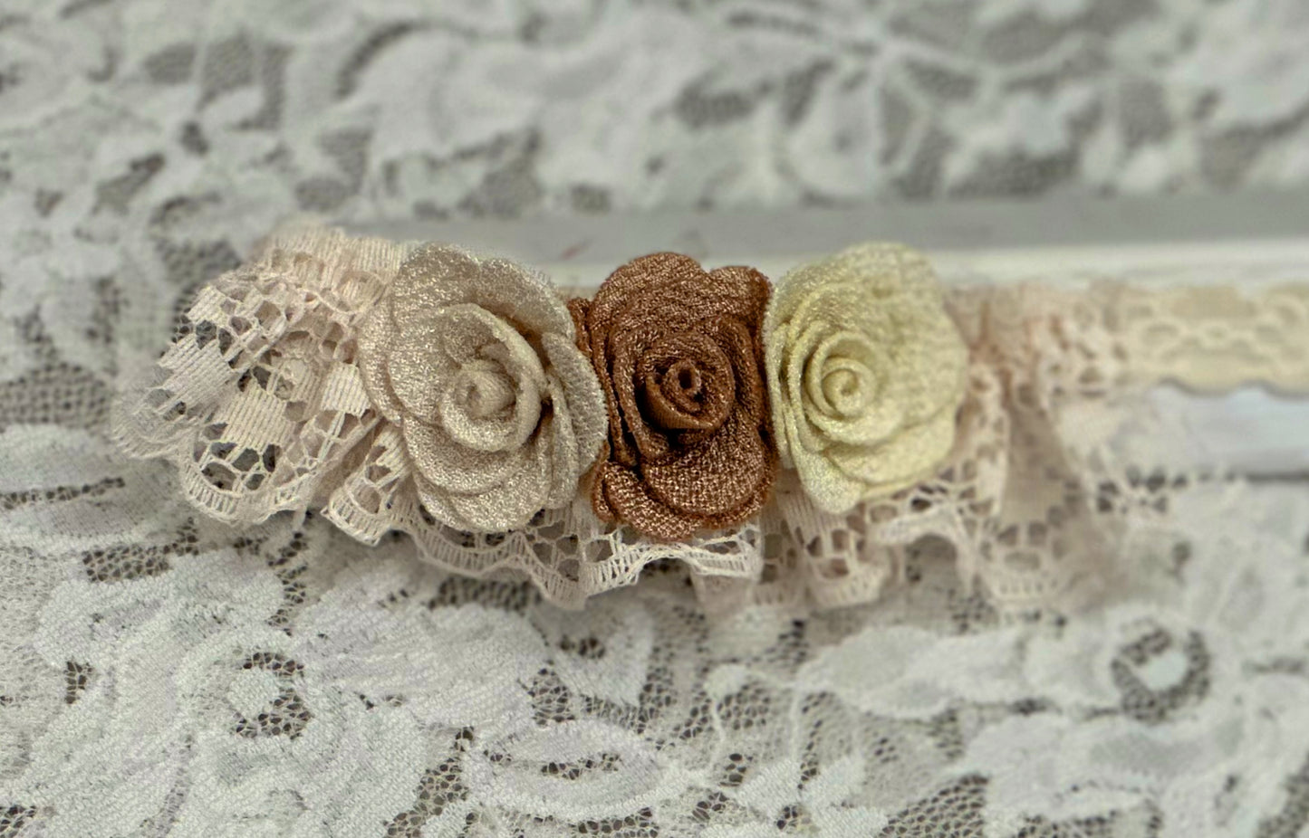 Thin Ivory Lace Headband with Roses, Lace