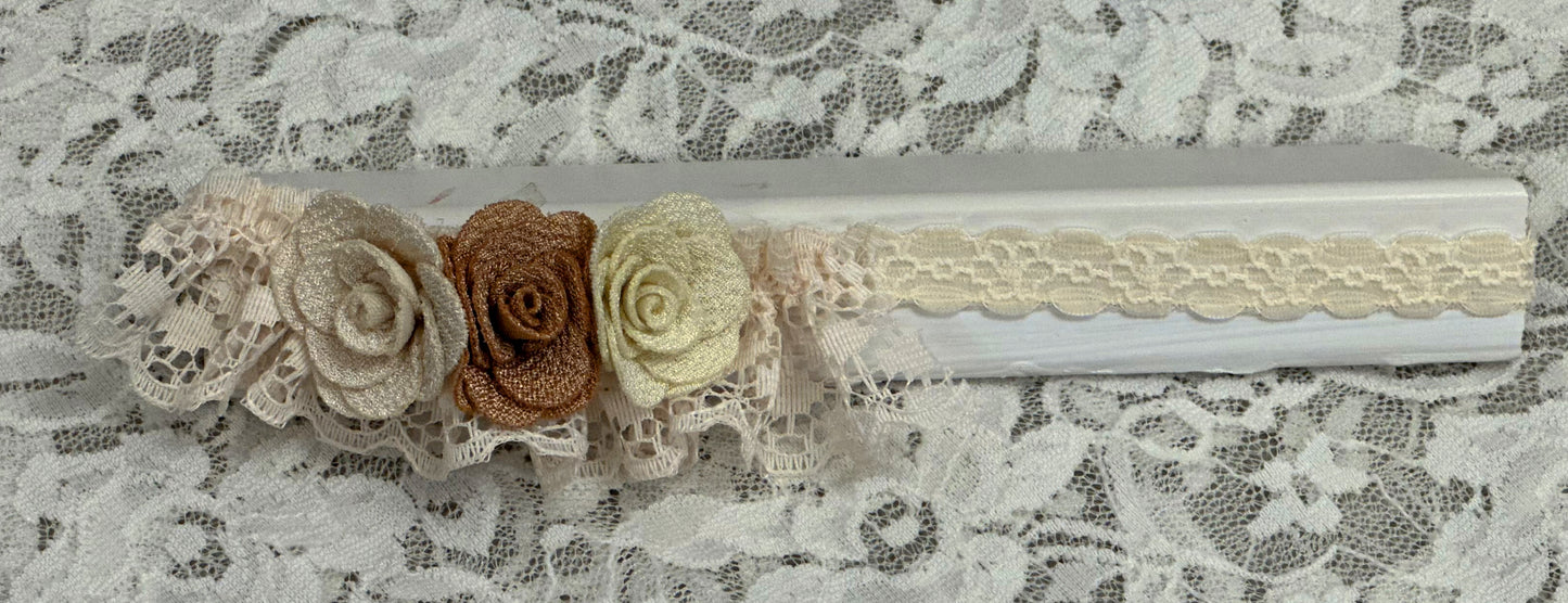 Thin Ivory Lace Headband with Roses, Lace