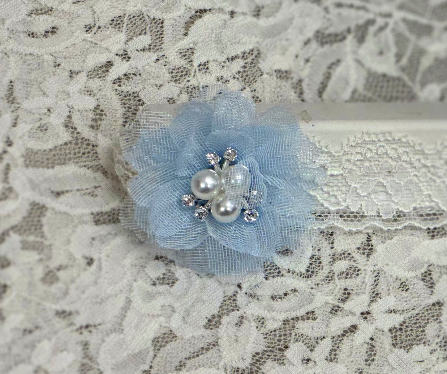 White Lace Headband with Blue Chiffon Flower