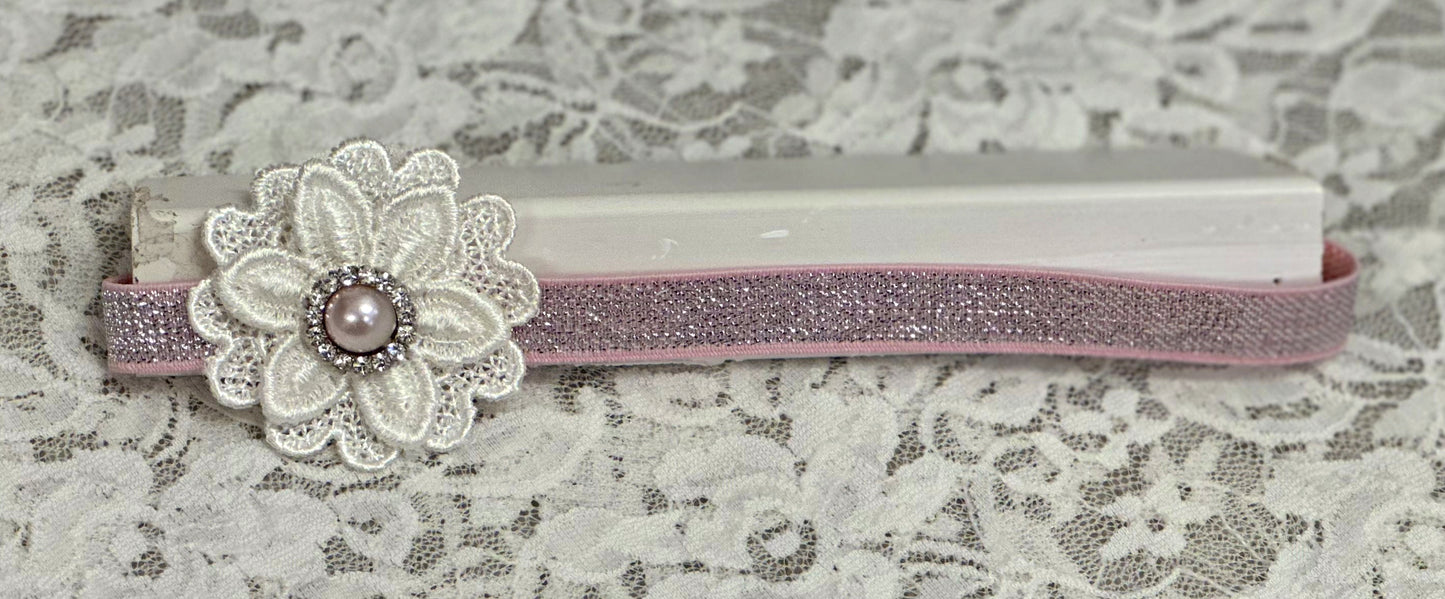 Pink Sparkle Headband with Lace Flower