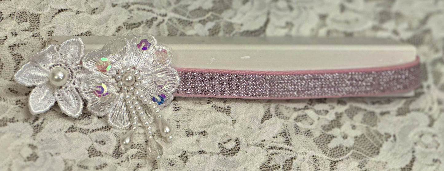 Pink Sparkle Headband with Lace Flower, Drop Pearls