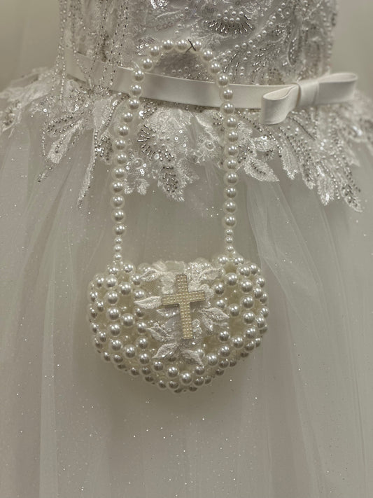 Beaded Heart Pearl Bag with Cross