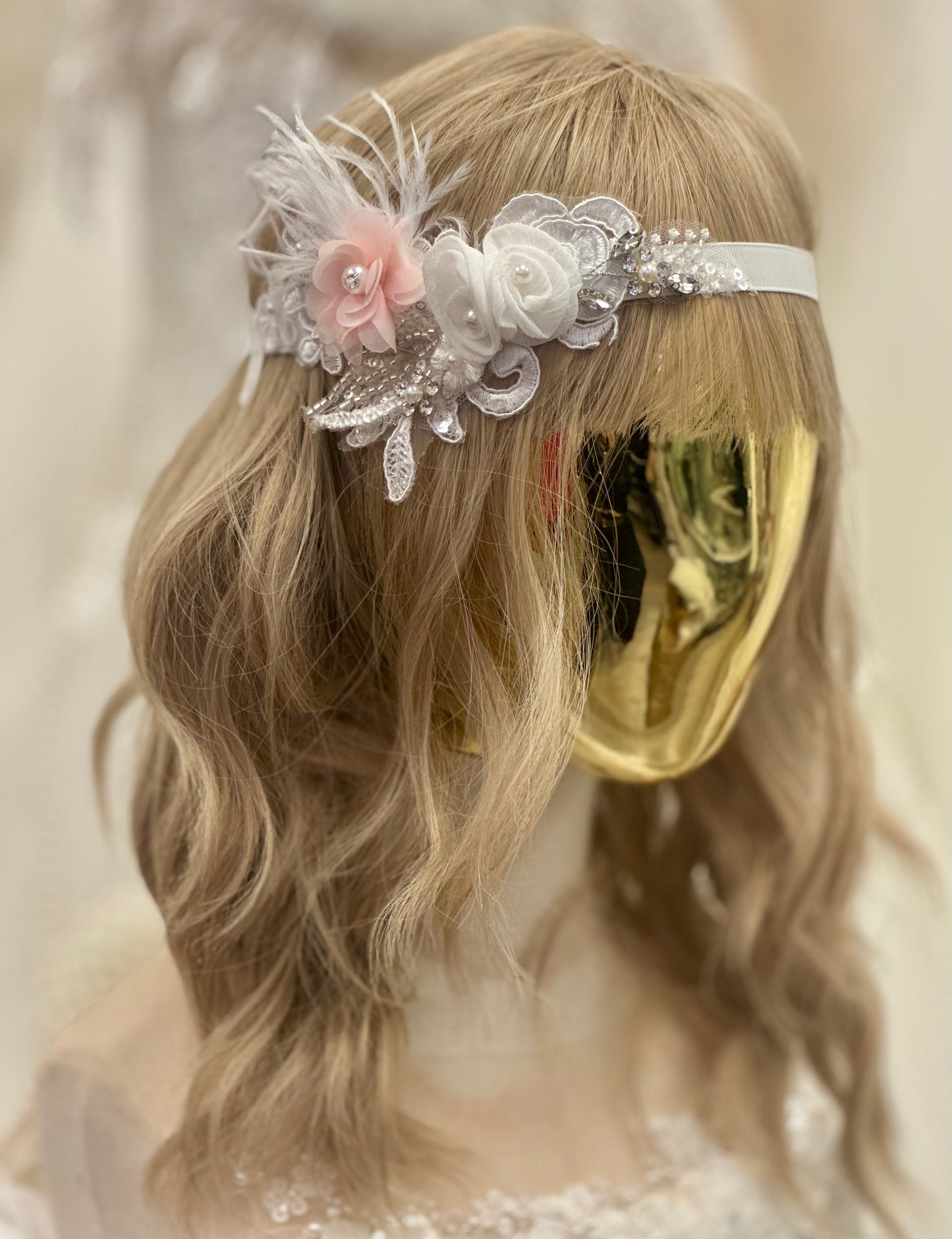 Girl Pearl Lace Headpiece w/Feathers