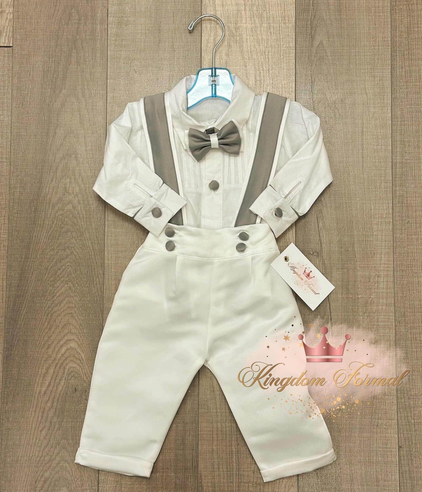 Infant 3pc Satin Pants Set White w/Silver