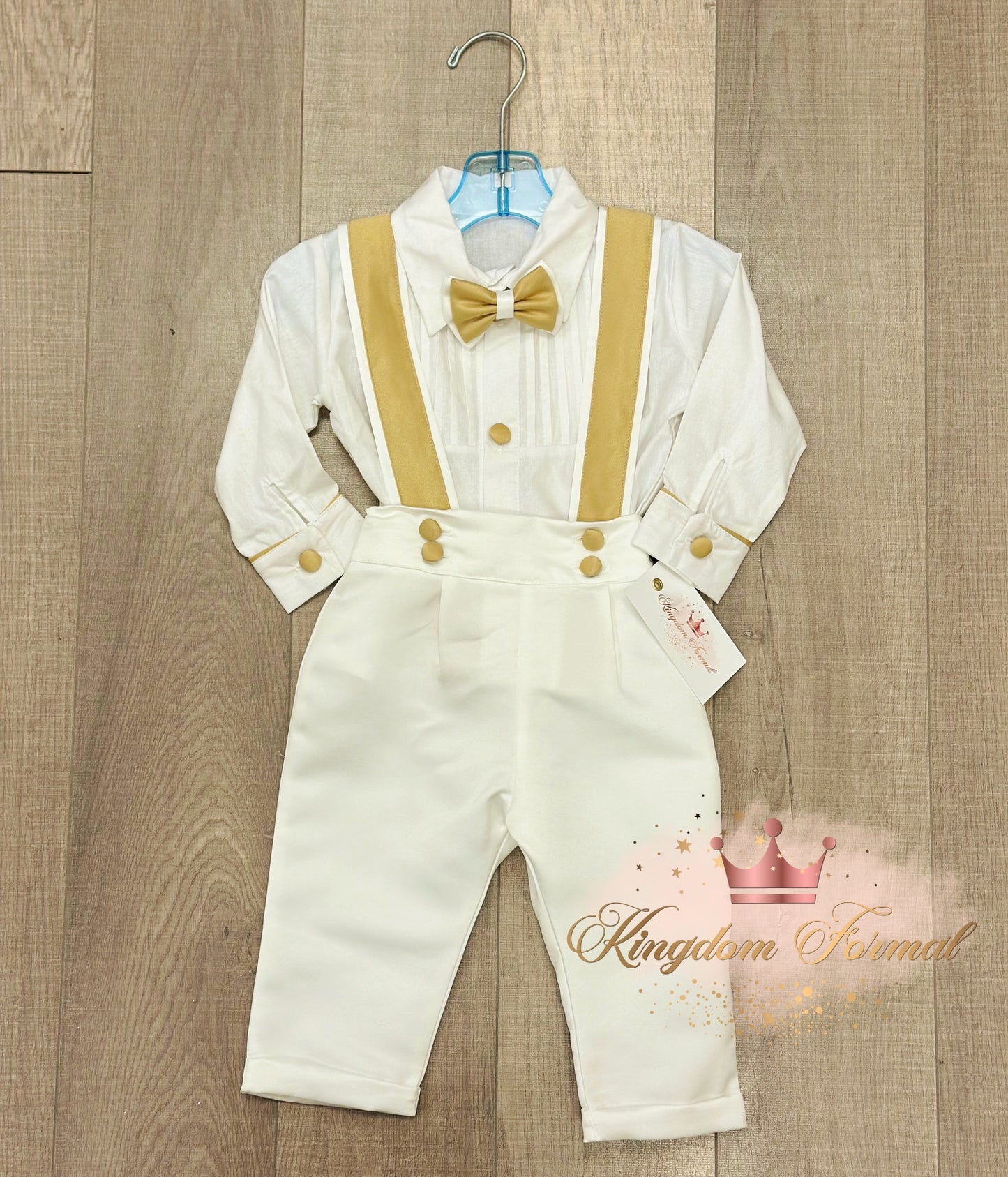 Infant 3pc Satin Pants Set White w/Gold