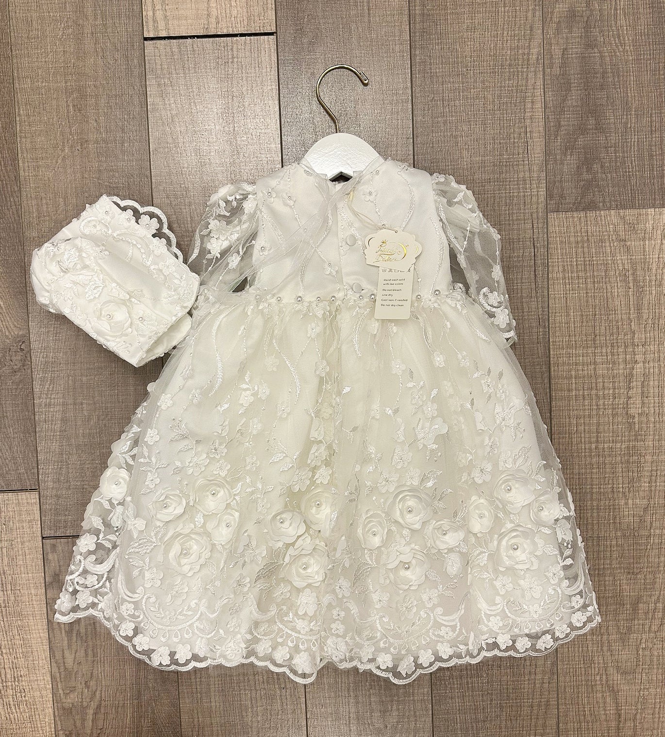 P.Daliana Embroidered Dress w/Floral Applique/Bonnet