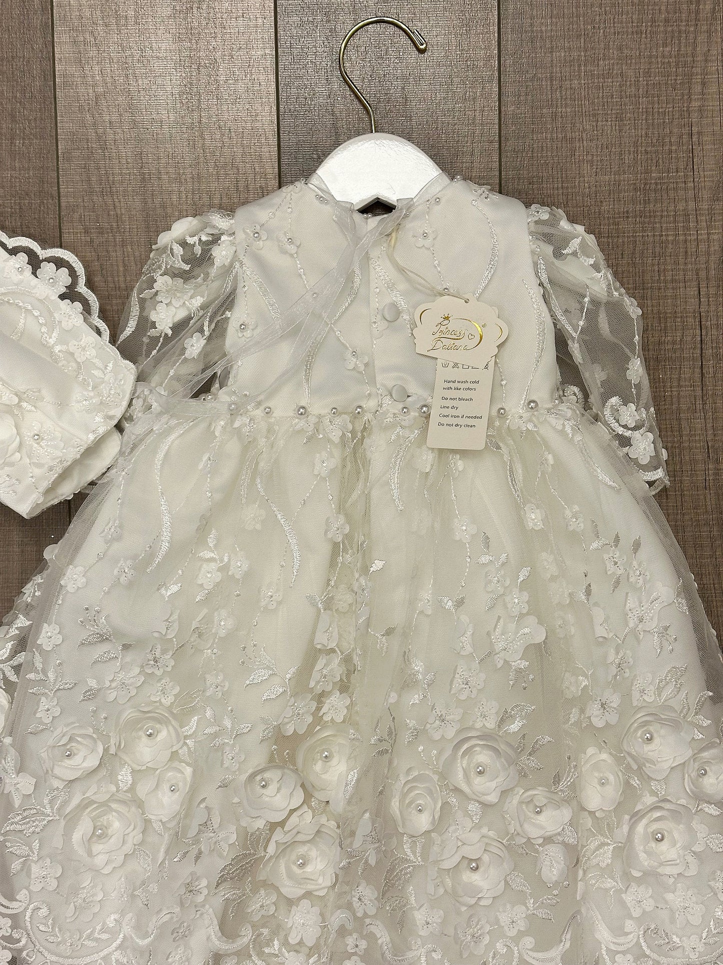 P.Daliana Embroidered Dress w/Floral Applique/Bonnet