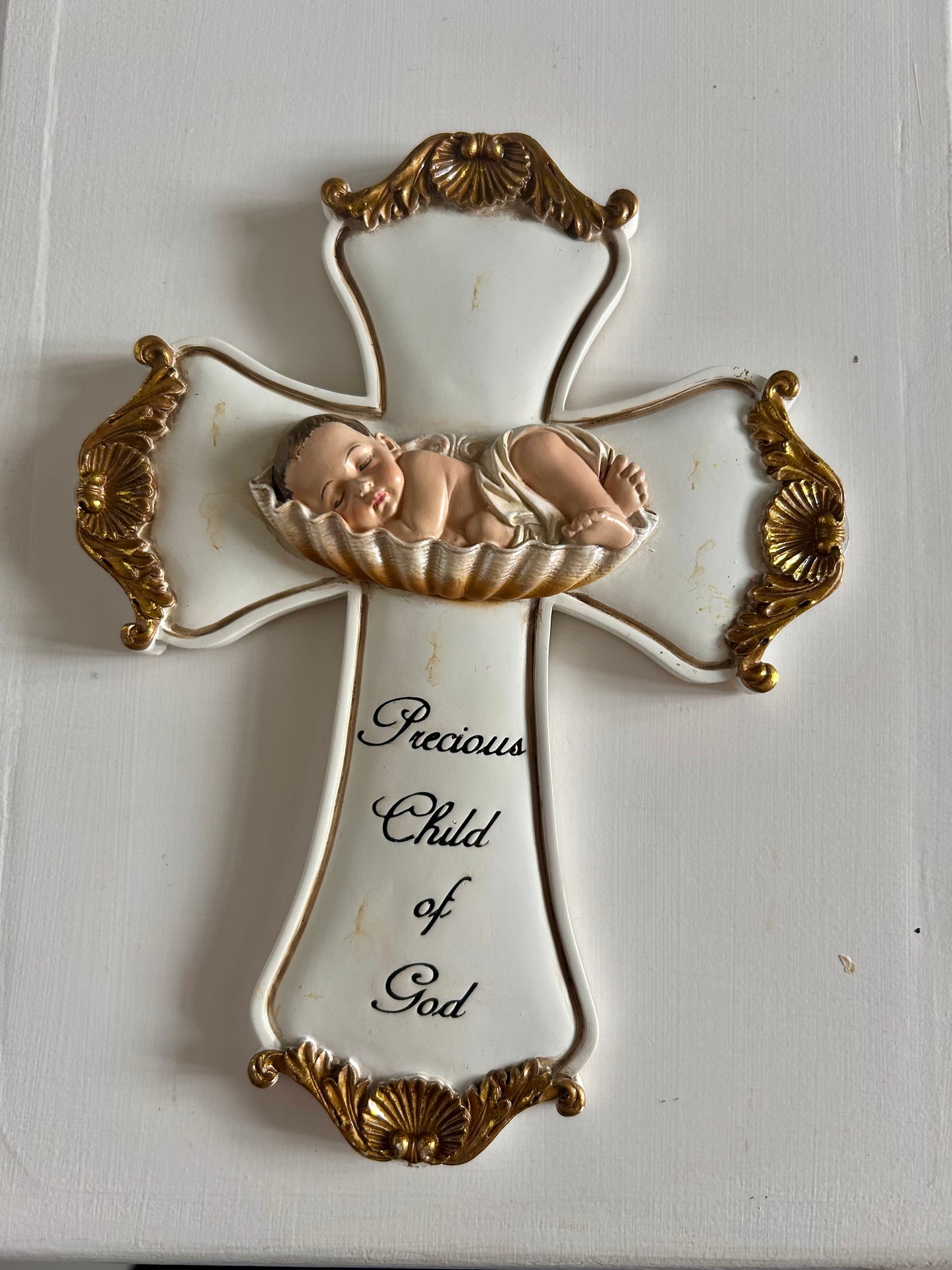 7.5" BAPTISM BABY WALL CROSS JOSEPH'S STUDIO -BABY IN SHELL