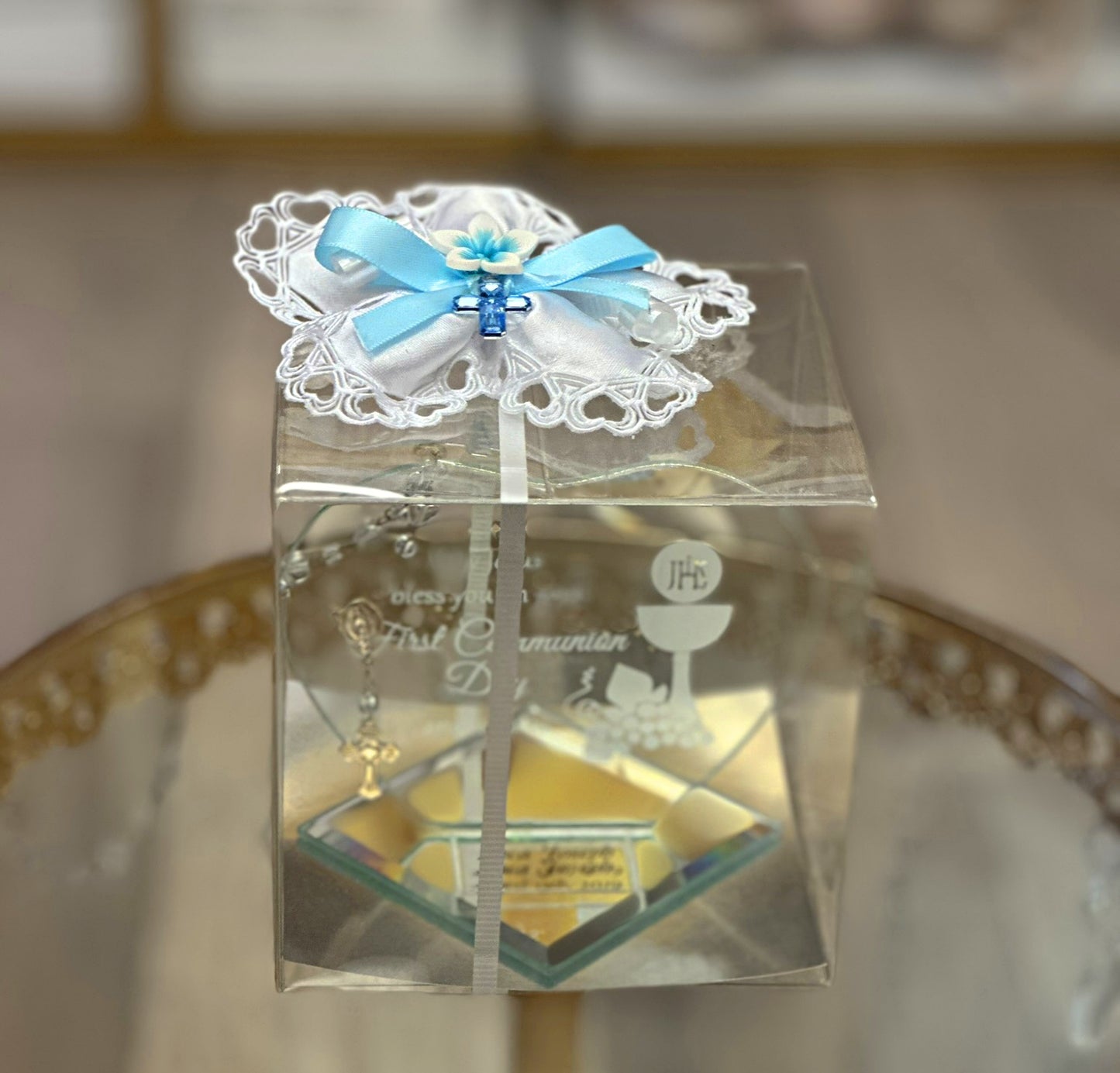 Glass Heart Stand with Rosary