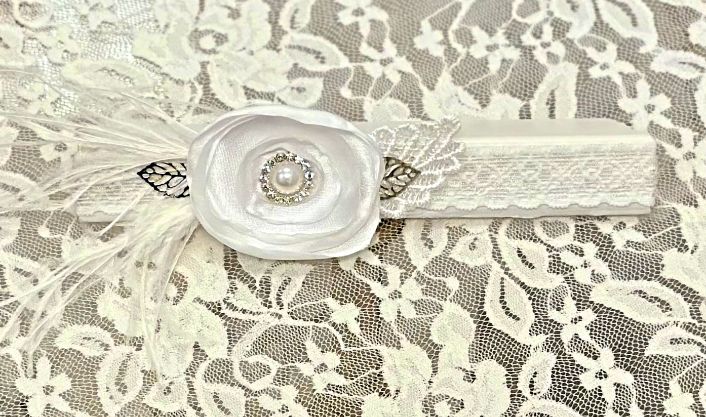 Infant Lace Headband with Flower, Feather