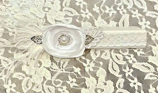 Infant Lace Headband with Flower, Feather